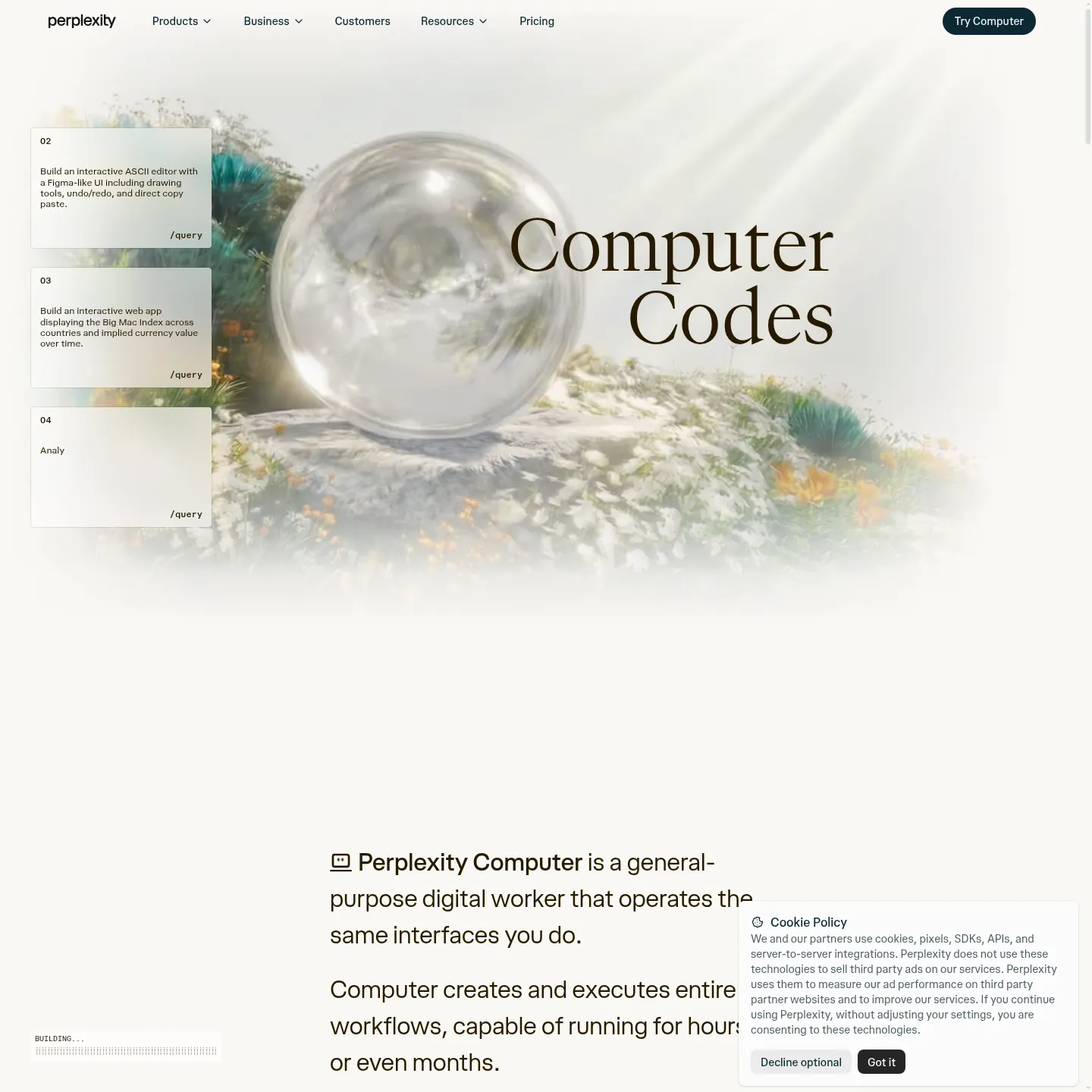 Perplexity Computer product page showing its task-oriented workspace