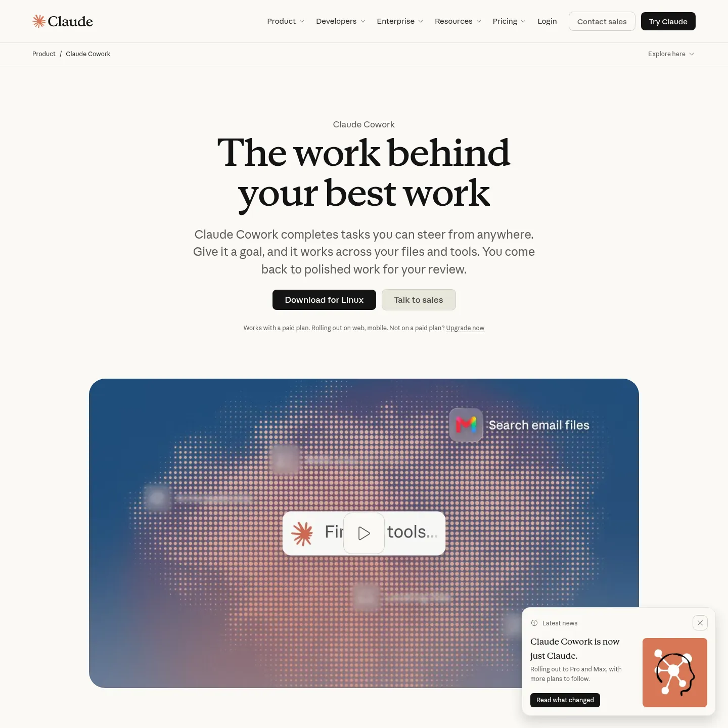 Claude Cowork product page describing delegated work across files and tools