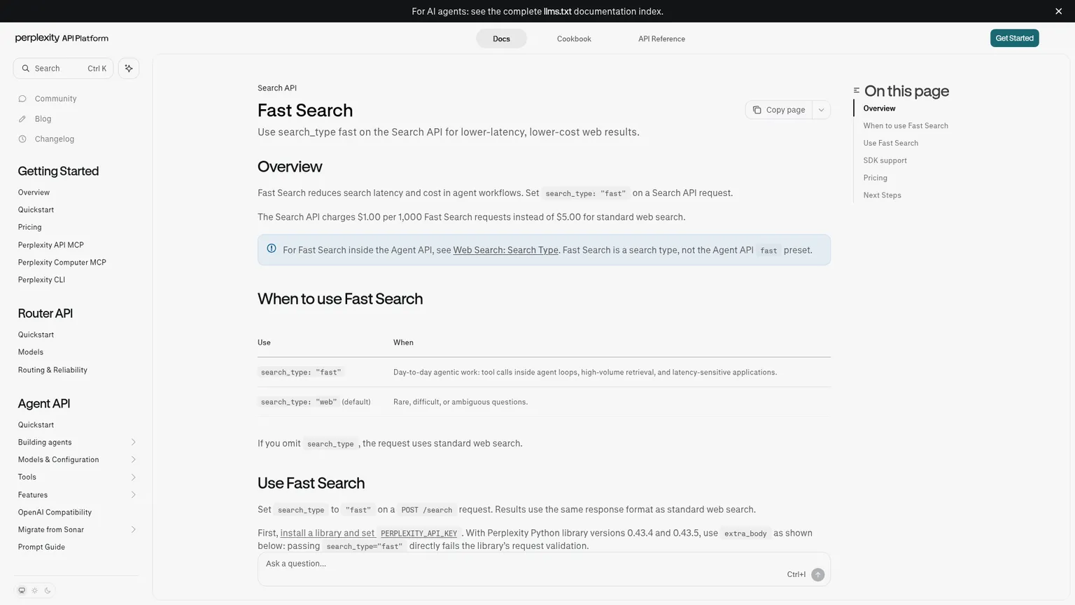 Perplexity Fast Search documentation showing the fast and web search types