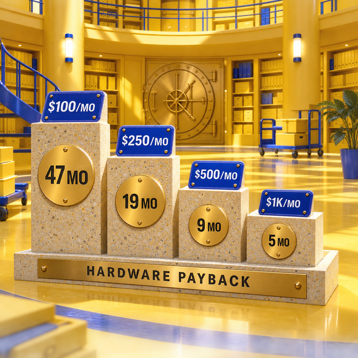 Four physical plinths comparing monthly savings with DGX Spark hardware payback