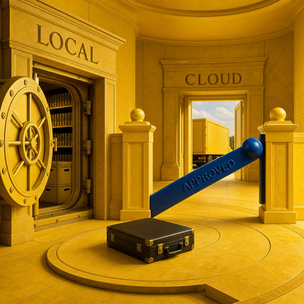 Rappresentazione concettuale di un confine di privacy a tre stadi: lavoro locale, approvazione dell'utente e accesso cloud