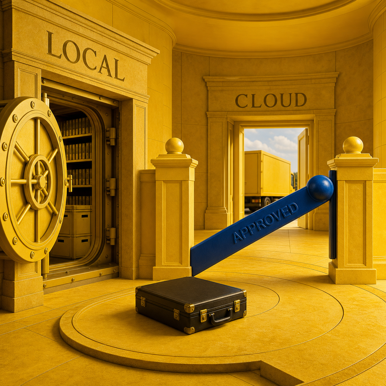A physical three-stage privacy boundary showing local work, an approval gate, and cloud access
