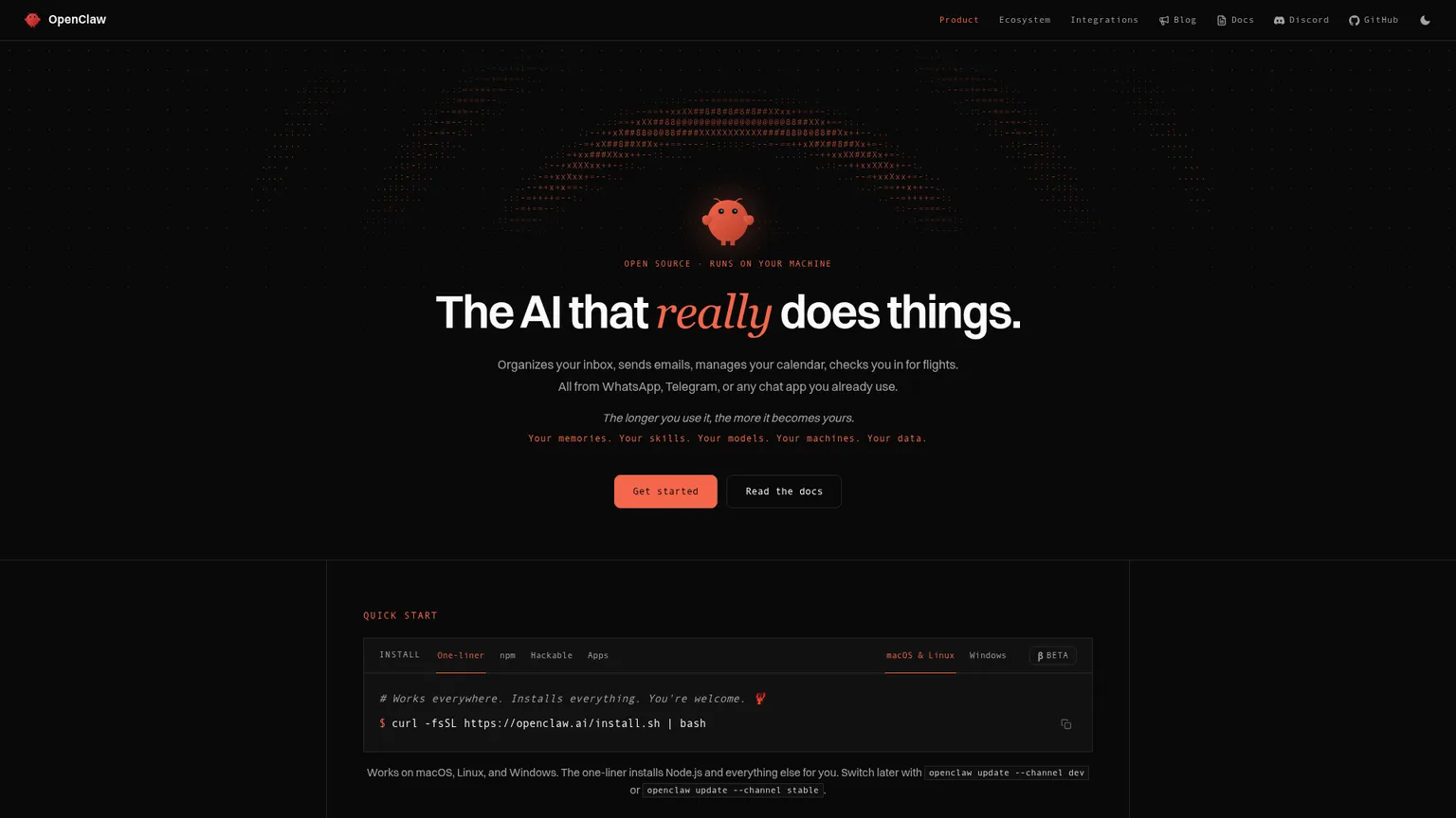 Sito ufficiale di OpenClaw con la presentazione dell'assistente AI personale self-hosted