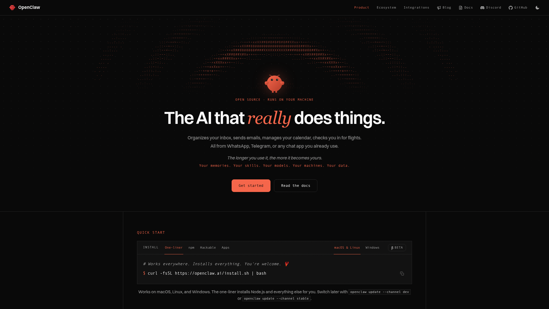 OpenClaw official site showing the self-hosted personal AI assistant