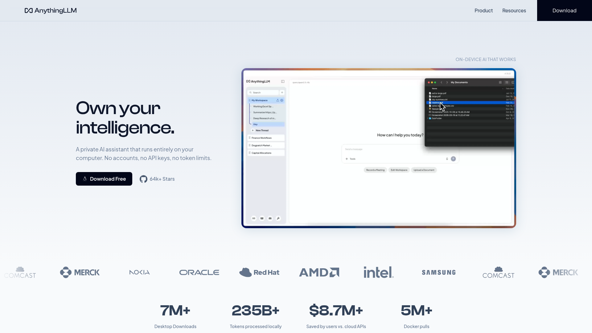 AnythingLLM official site showing its private AI document workspace