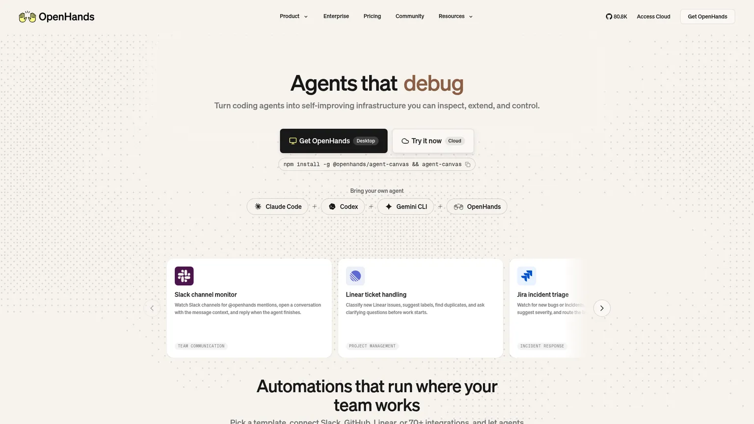 Sito web di OpenHands con l'interfaccia della piattaforma di agenti per lo sviluppo software