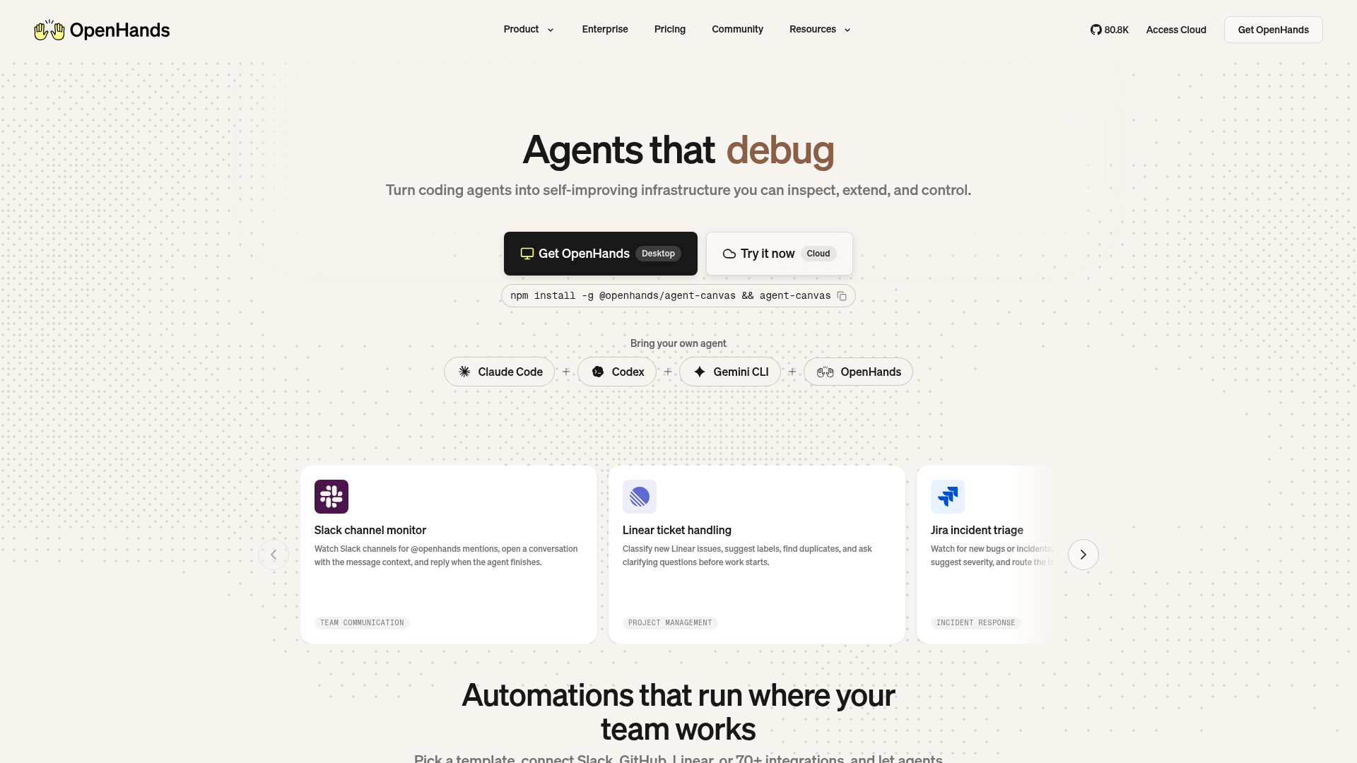 OpenHands official site showing its coding agent platform