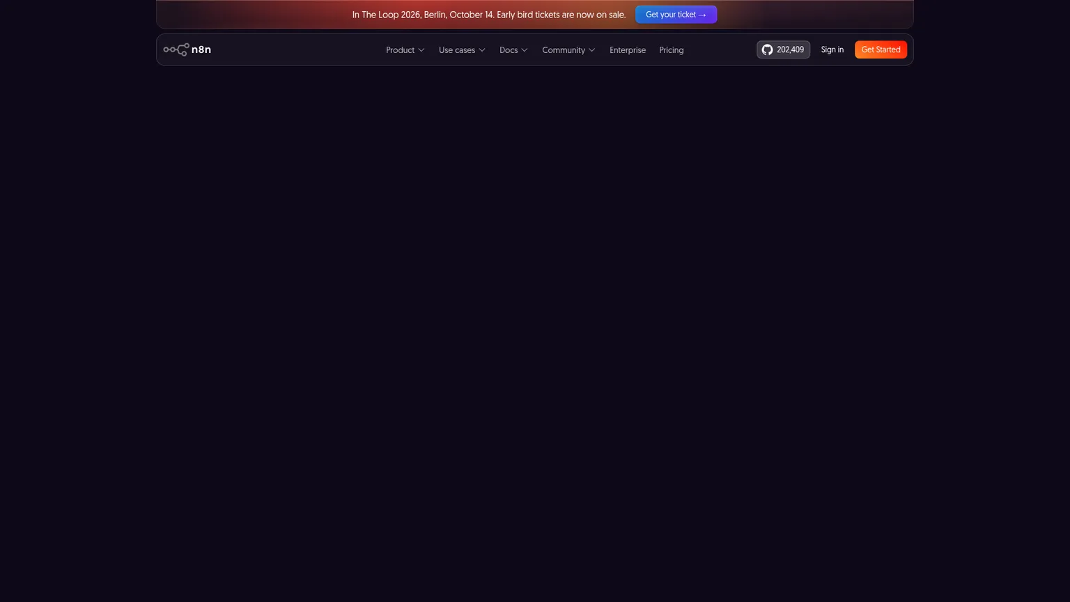 Sito web di n8n che mostra le automazioni dei flussi e le funzionalità degli agenti AI
