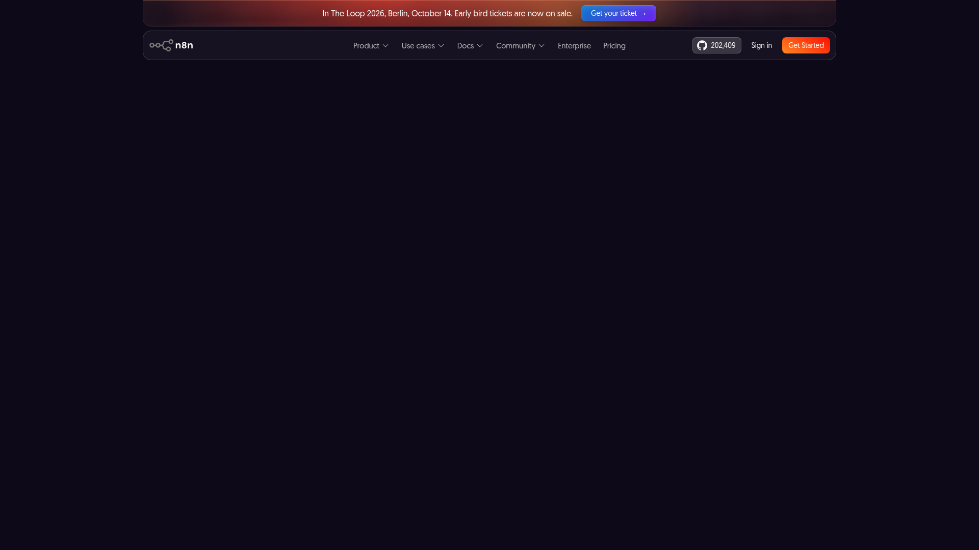 n8n official site showing workflow automation and AI agent capabilities