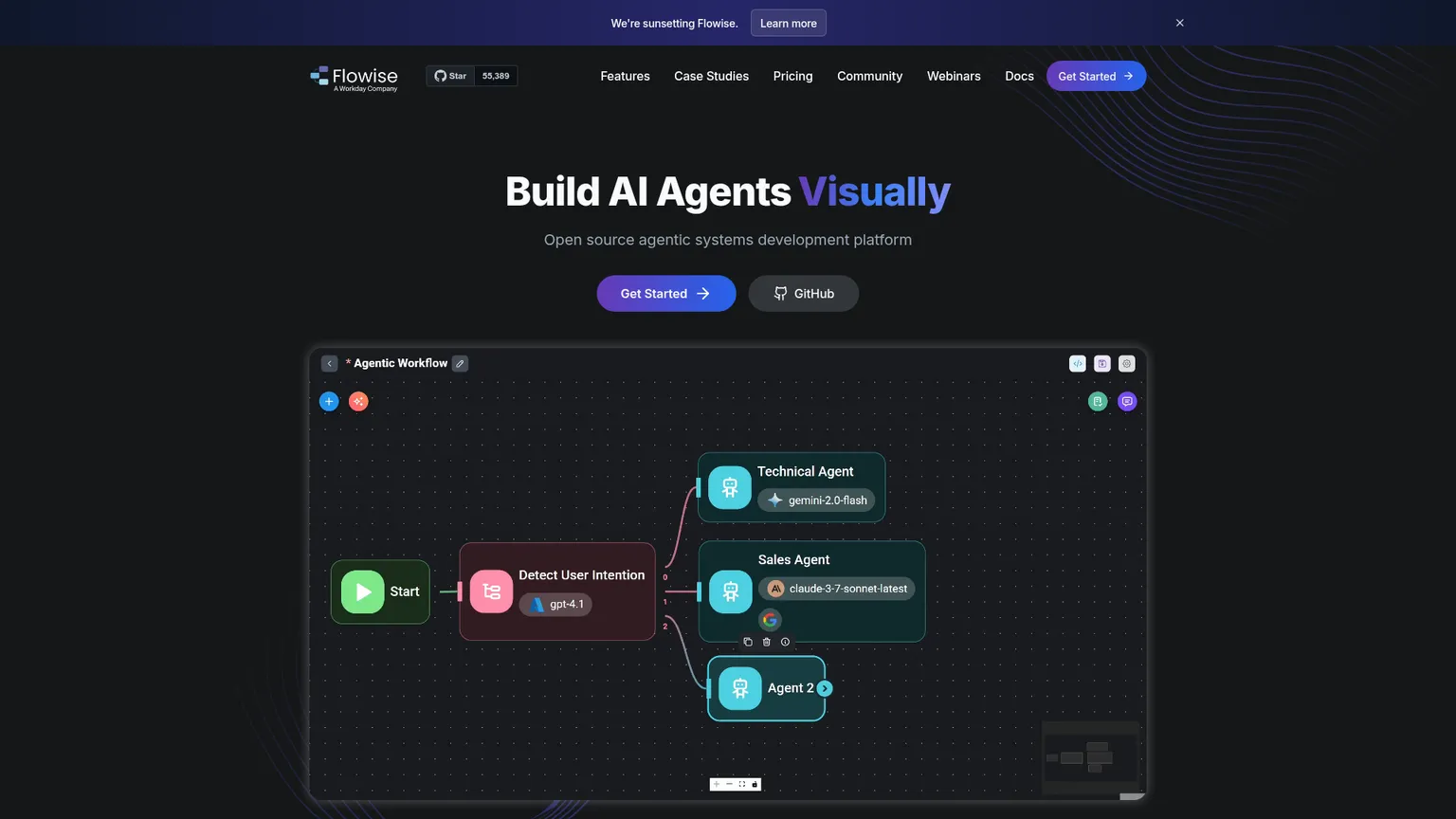 Sito ufficiale di Flowise con l'ambiente grafico di orchestrazione per workflow e agenti AI