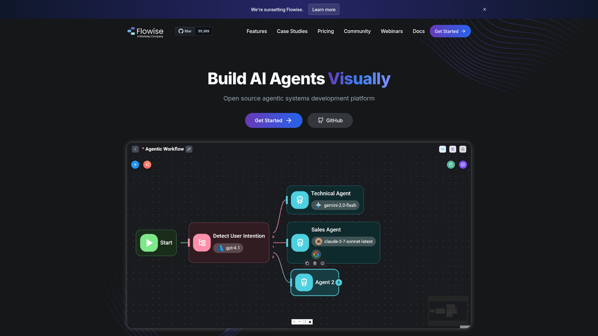 Flowise official site showing its visual AI agent and workflow builder