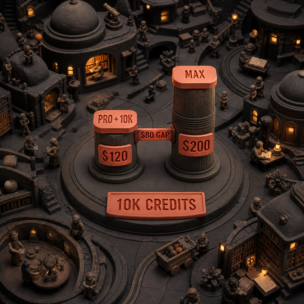 Column comparison showing Pro plus 10,000 credits at $120 and Max at $200