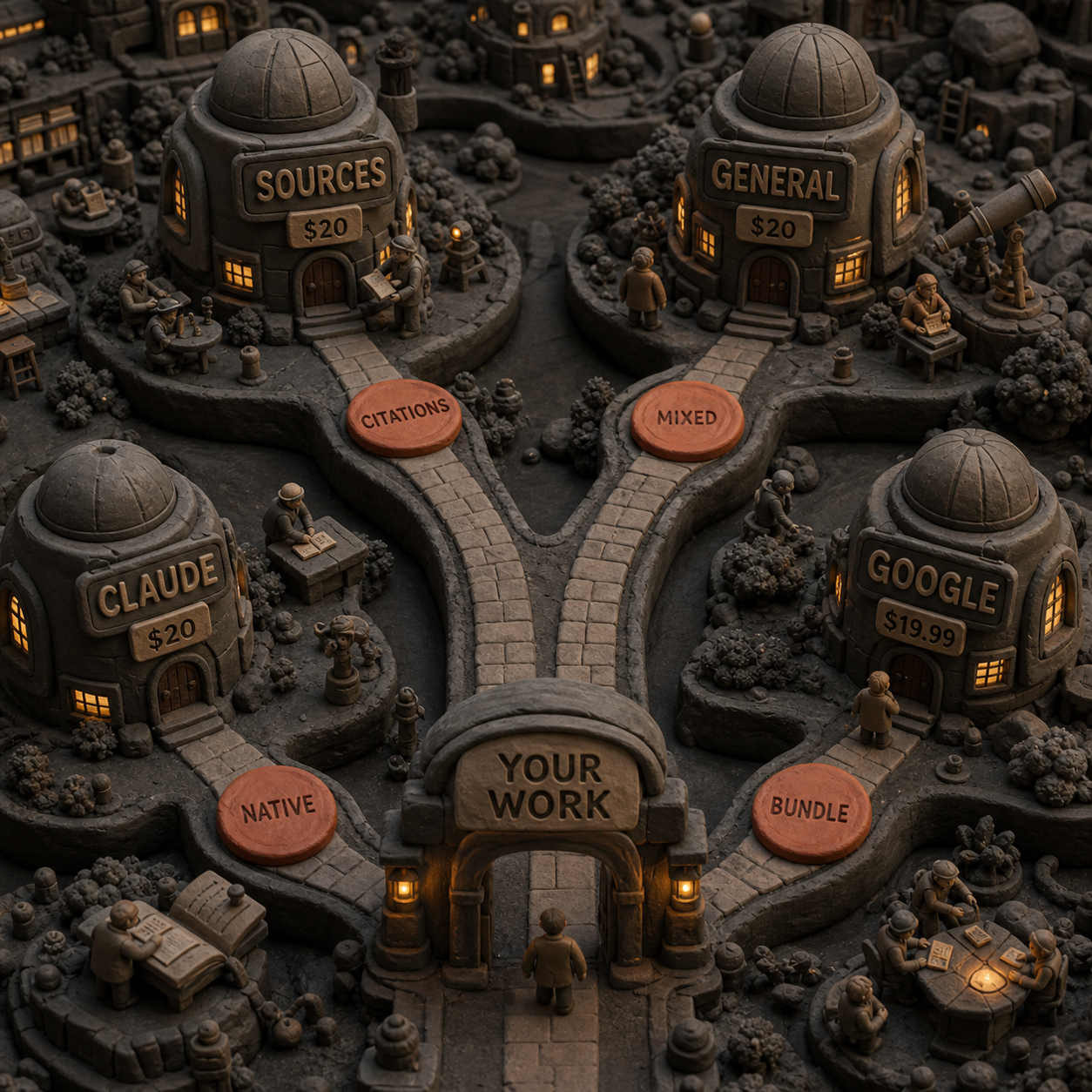 Decision path routing buyers to Perplexity, ChatGPT, Claude, or Google AI by workflow
