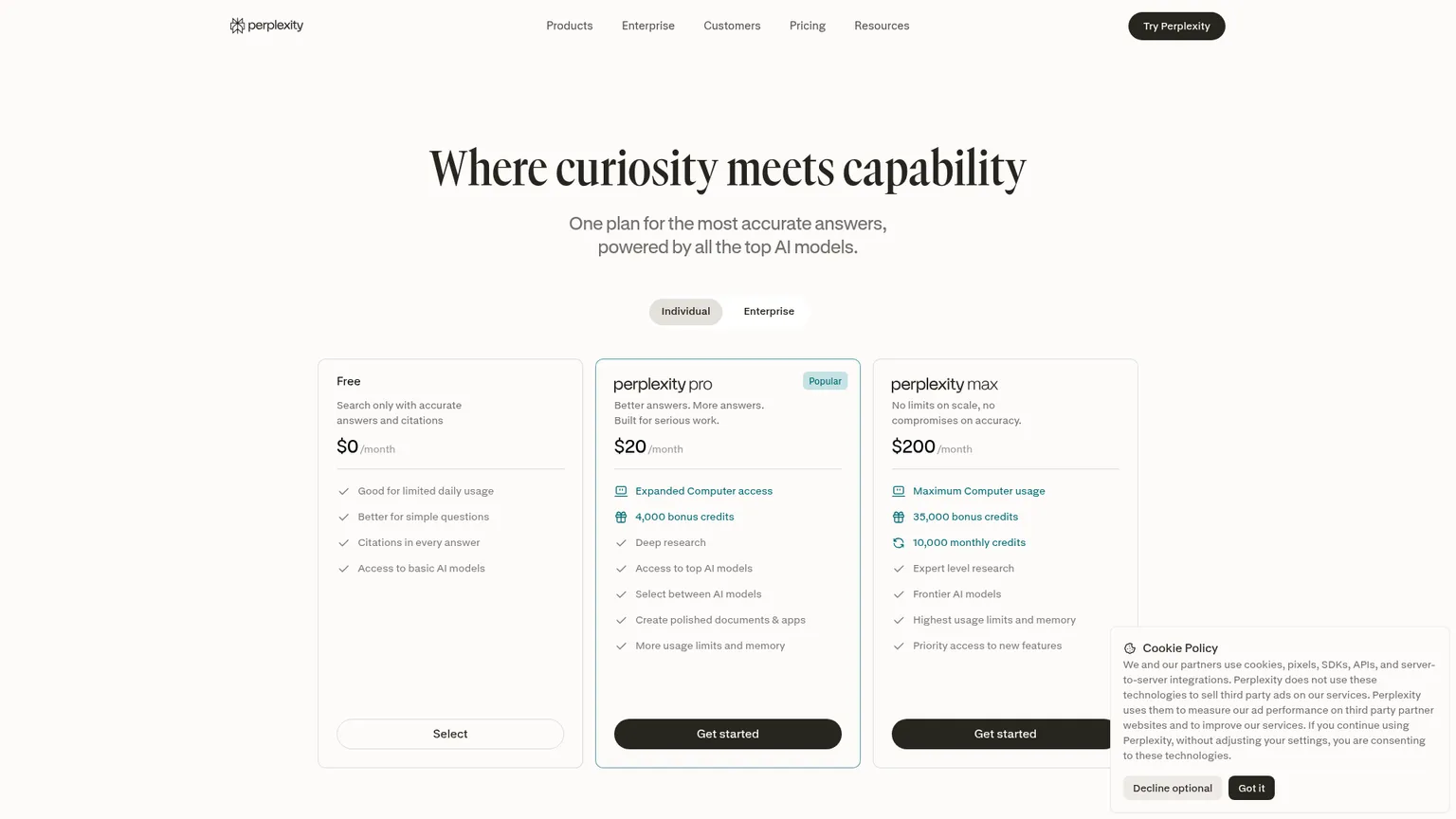Aktuelle Preisseite von Perplexity mit Free, Pro und Max