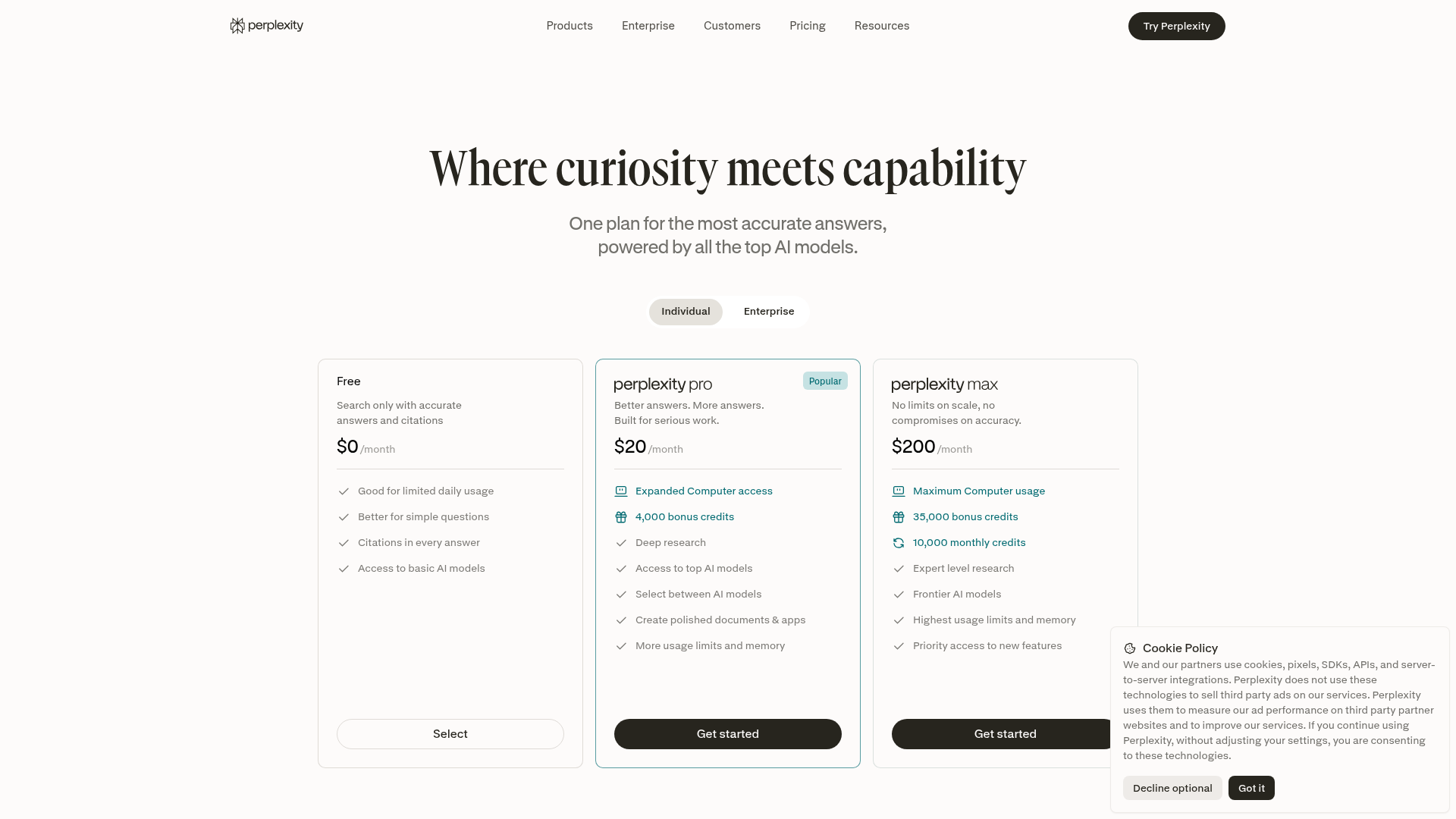 Perplexity live pricing page showing Free, Pro, and Max