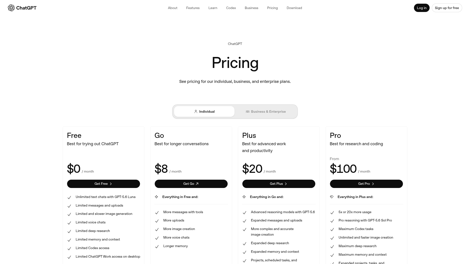 ChatGPT pricing page showing unlimited Luna text chats on Free