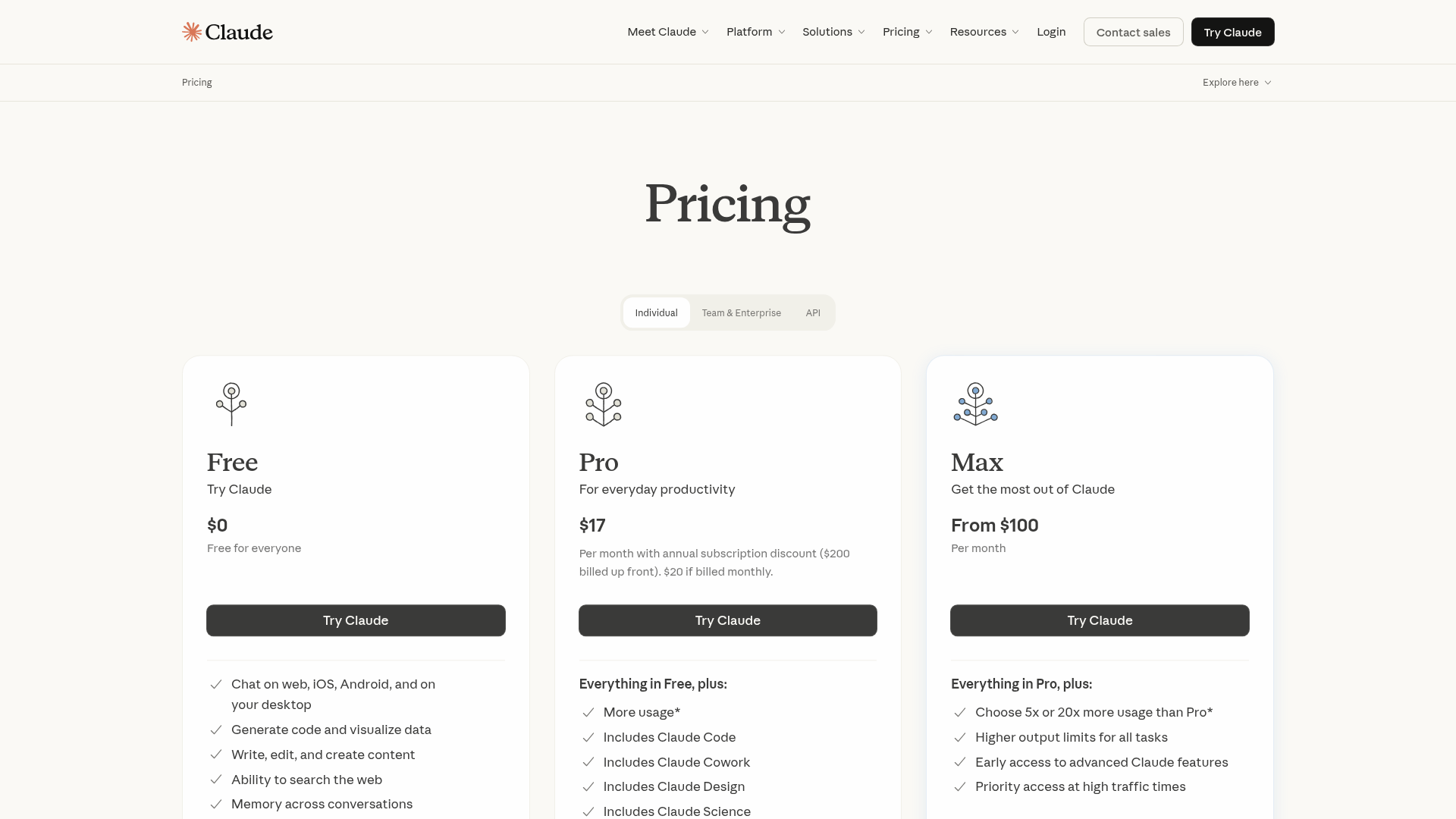 Claude pricing page showing Free, Pro, and Max plans