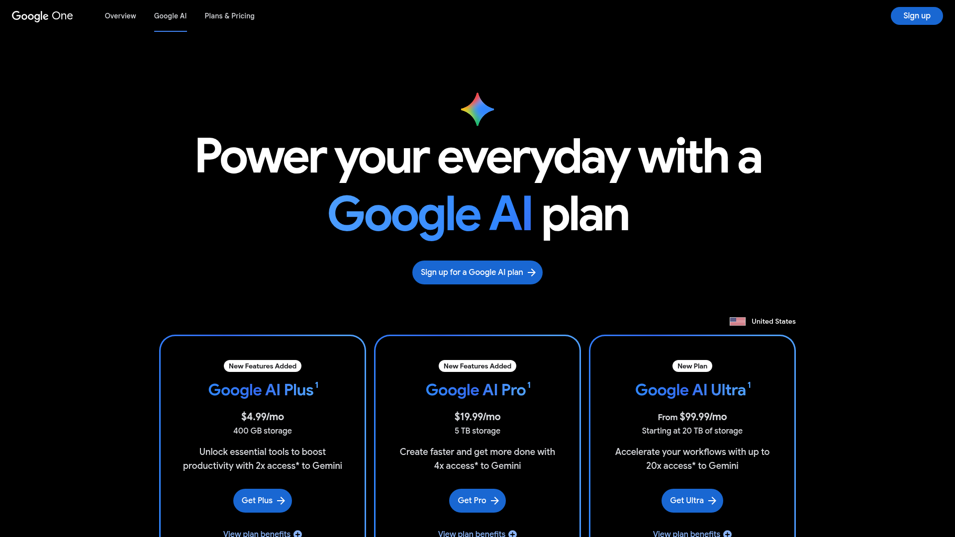 Google AI plans page showing Google AI Pro pricing and storage