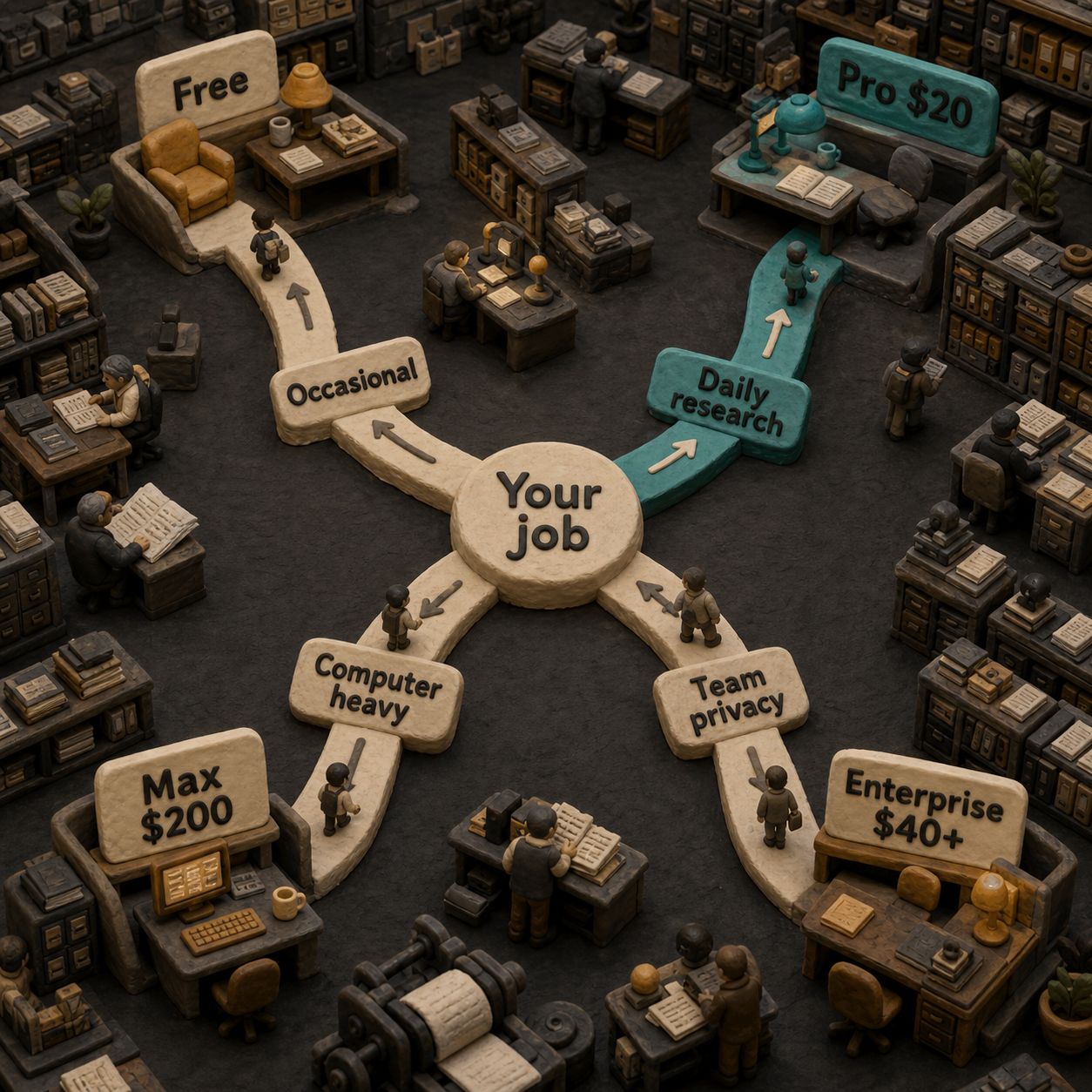 Decision flow routing Perplexity buyers to Free, Pro, Max, or Enterprise