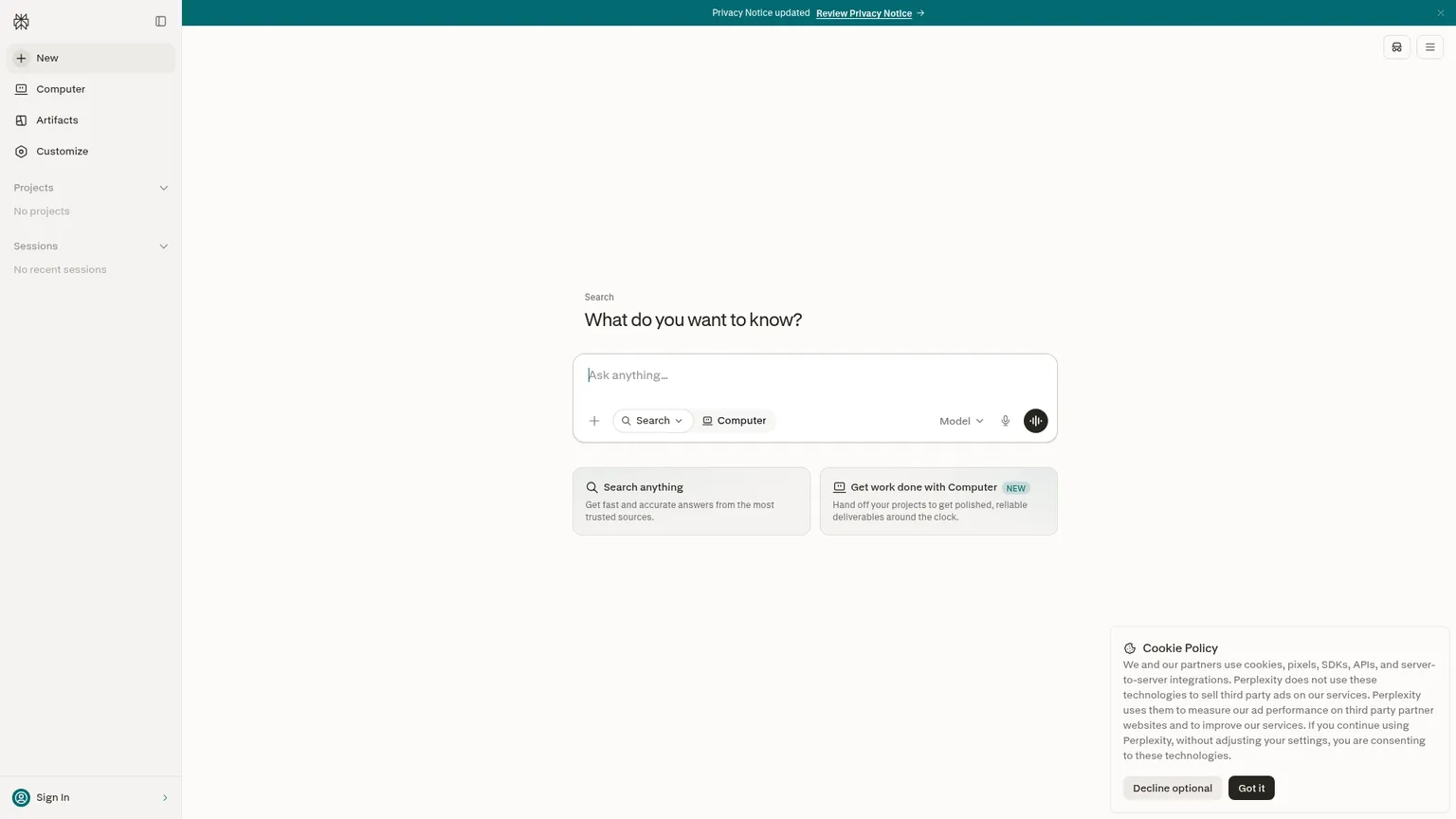 Perplexity public answer engine homepage