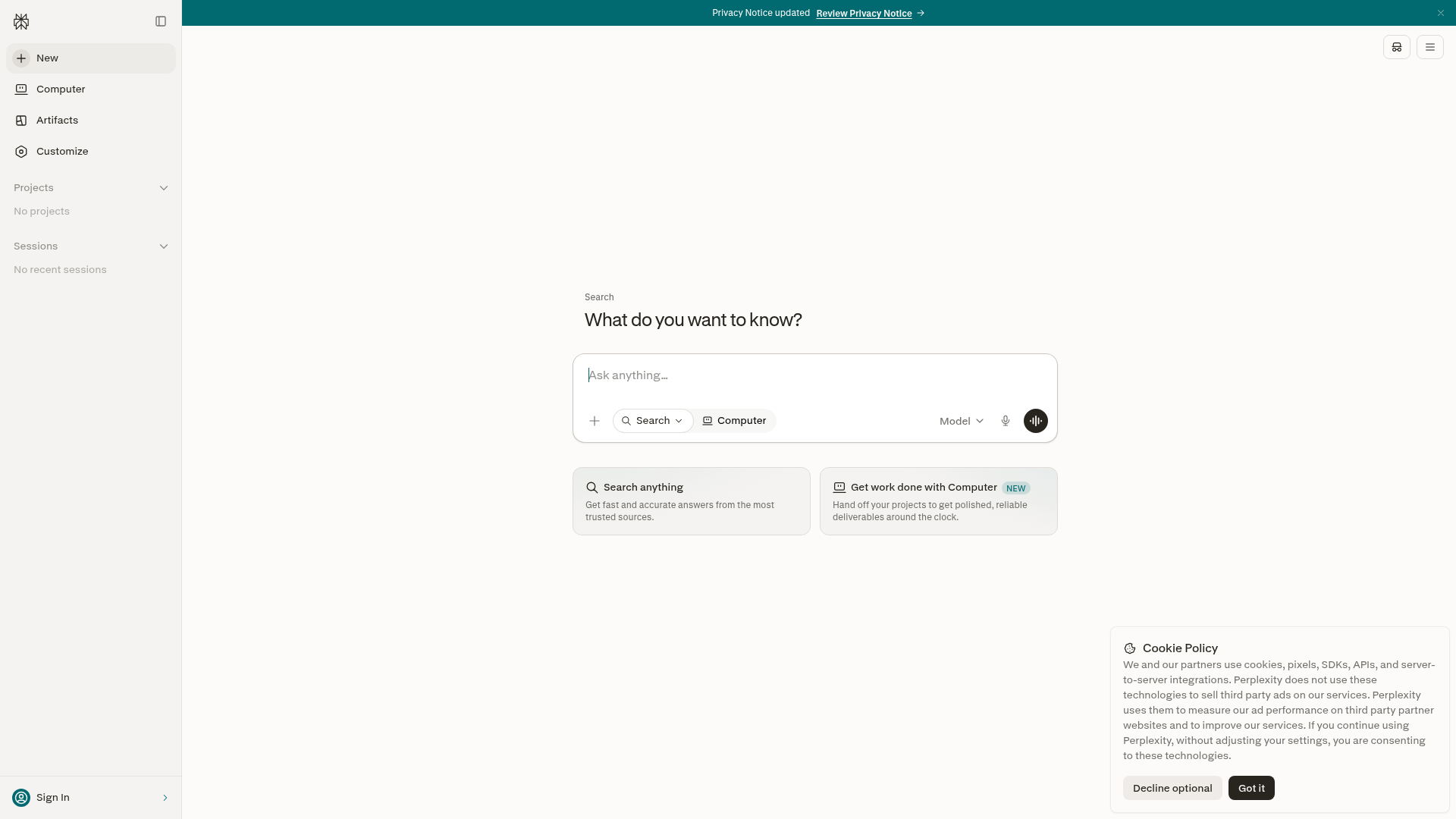 Perplexity public answer engine homepage