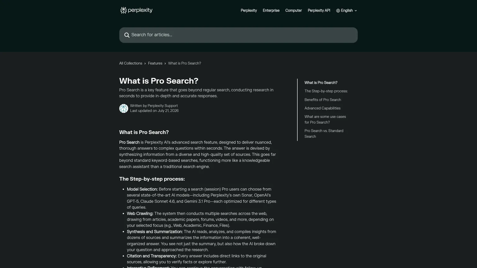 Perplexity Pro Search feature and workflow page