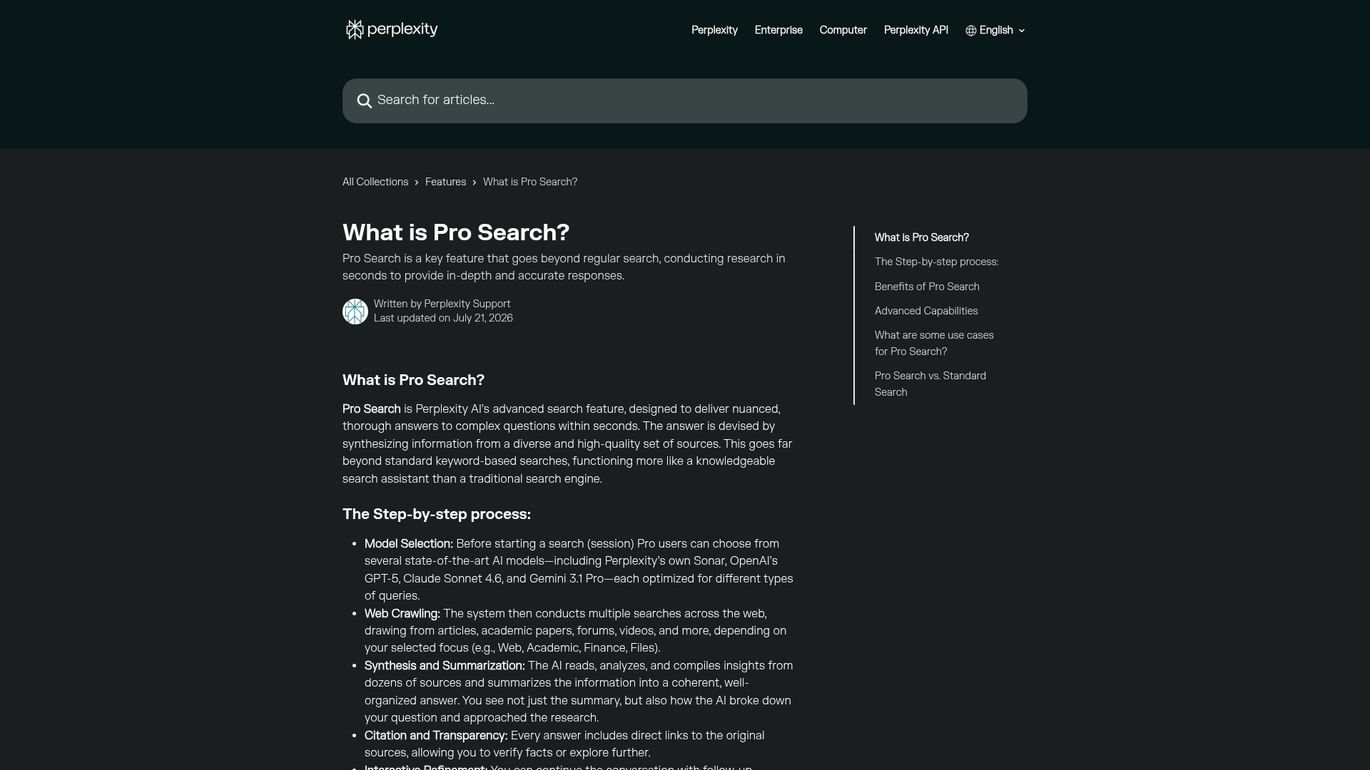 Perplexity Pro Search feature and workflow page