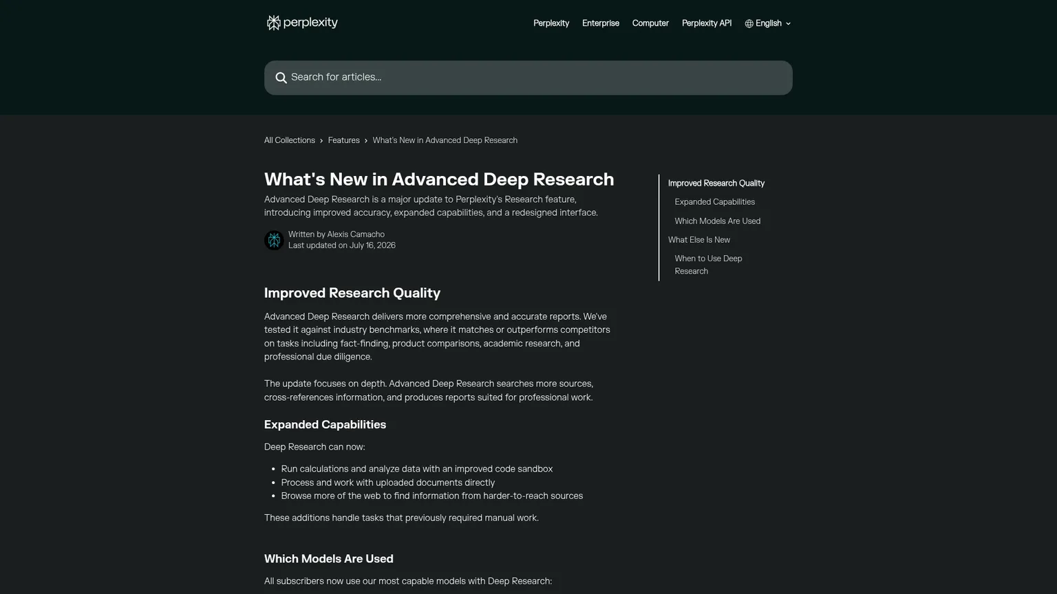 Perplexity Advanced Deep Research feature page