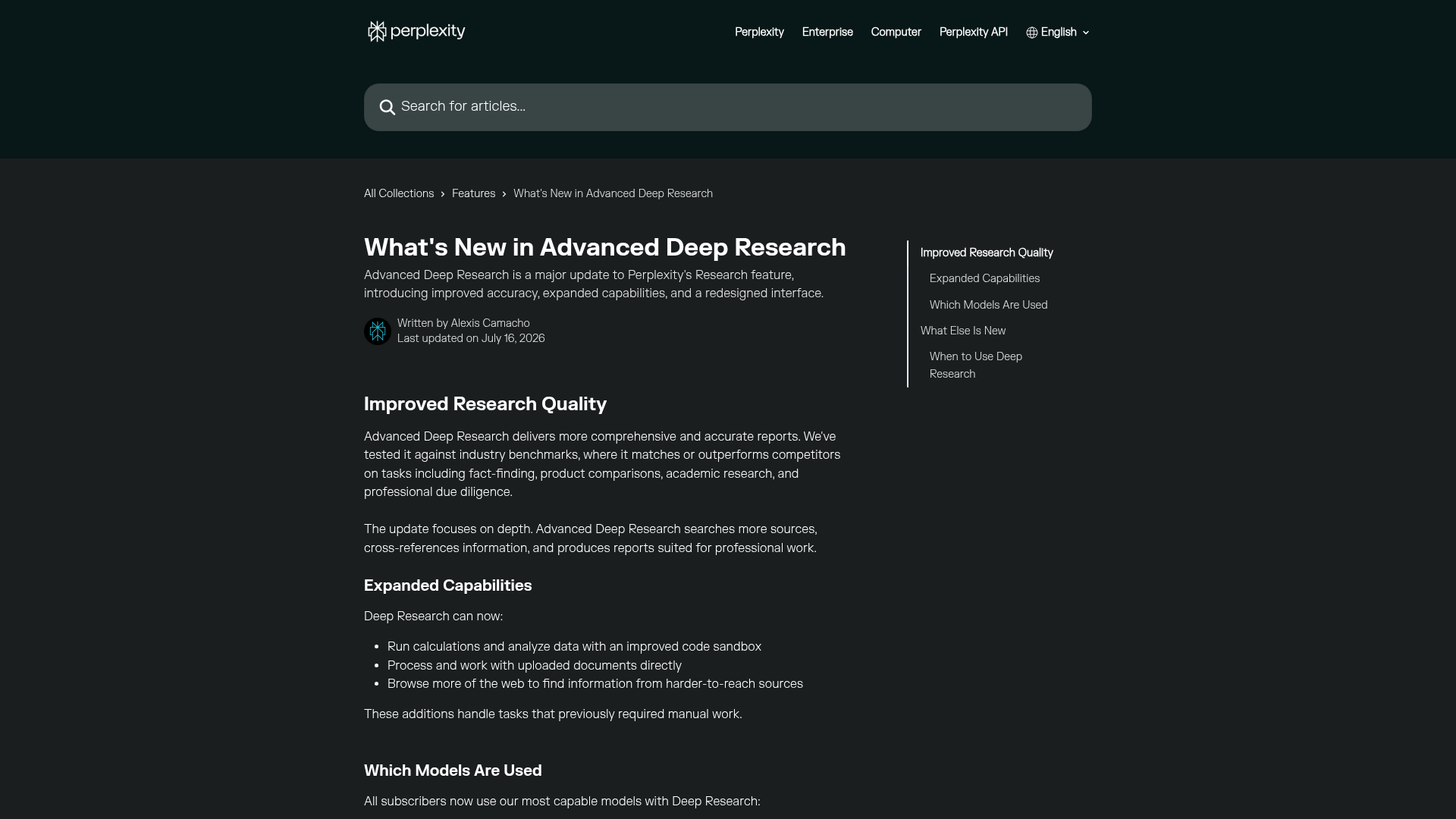 Perplexity Advanced Deep Research feature page