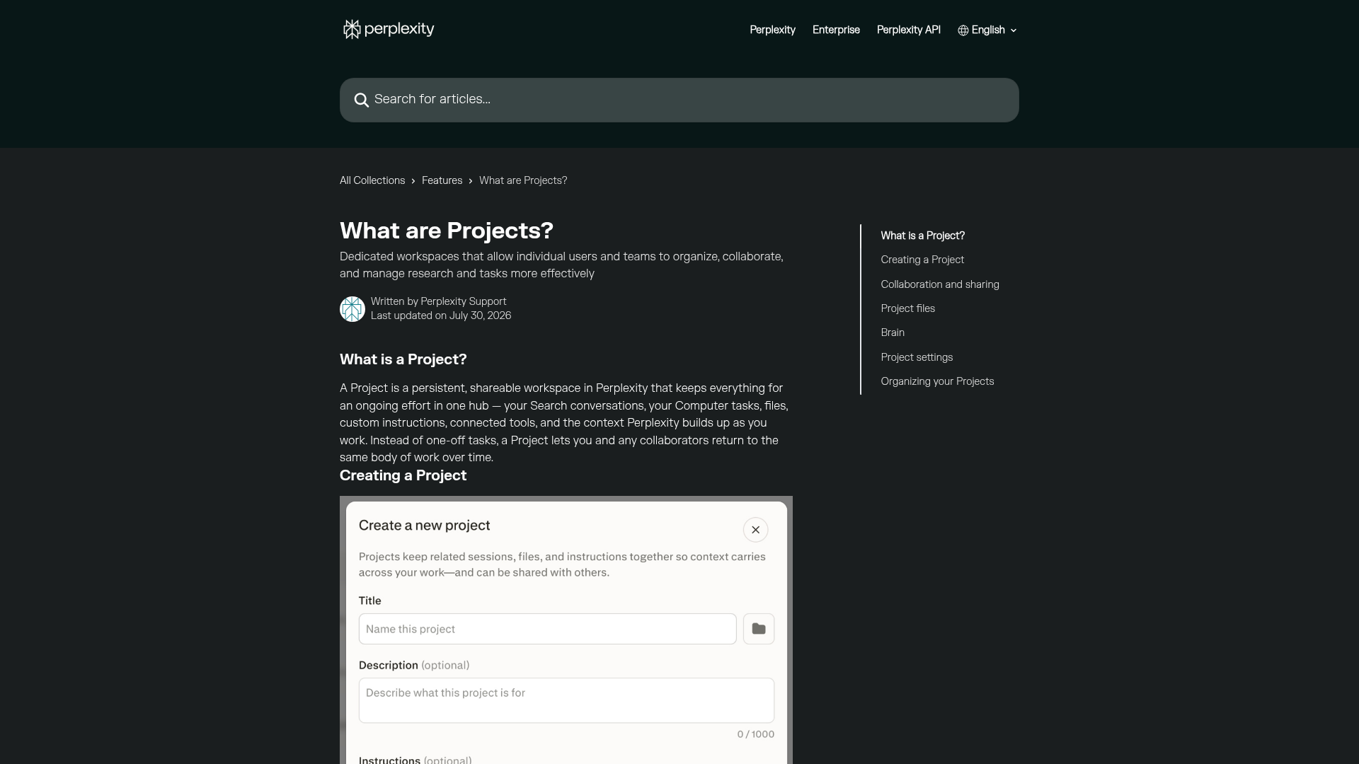 Perplexity Projects workspace documentation