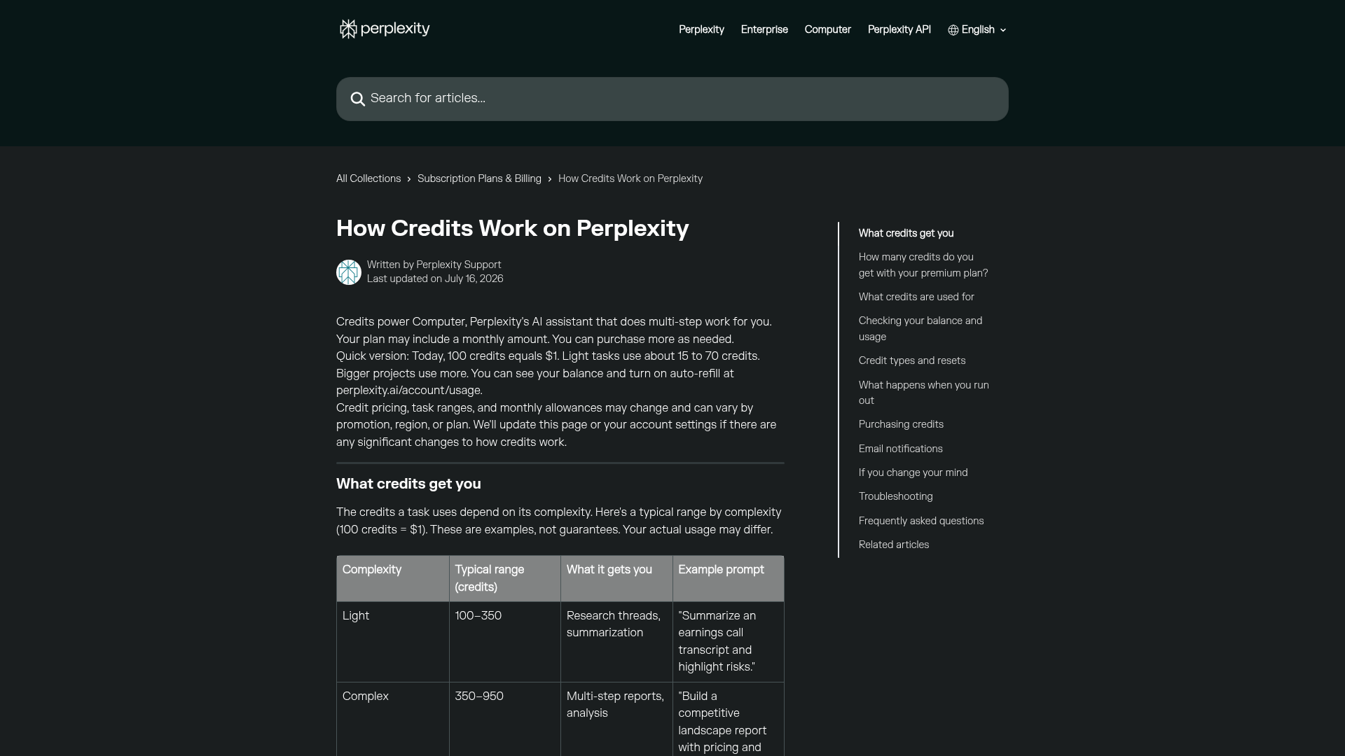 Perplexity Computer credit pricing and allowance documentation