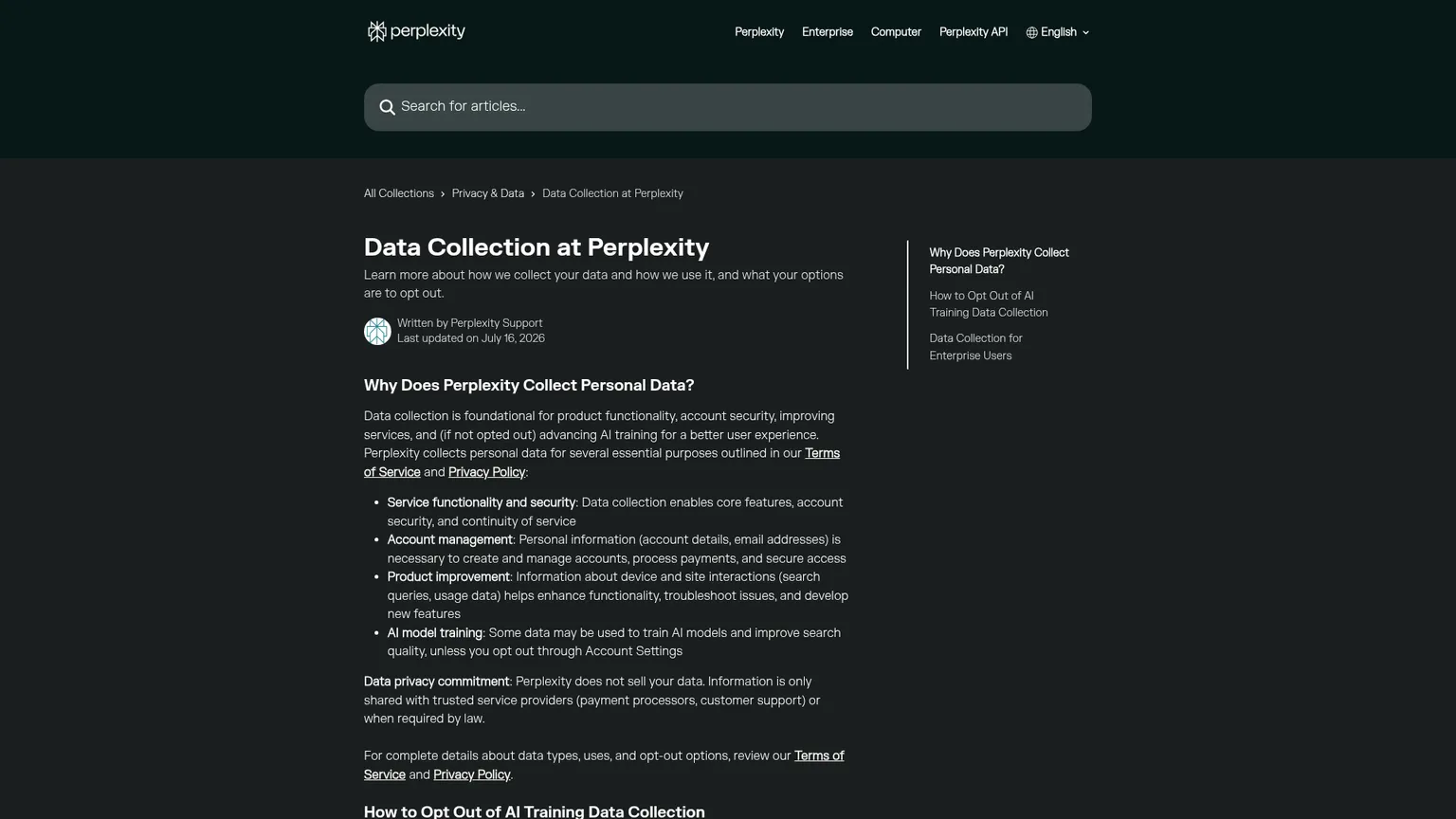 Perplexity AI Data Retention and opt-out documentation