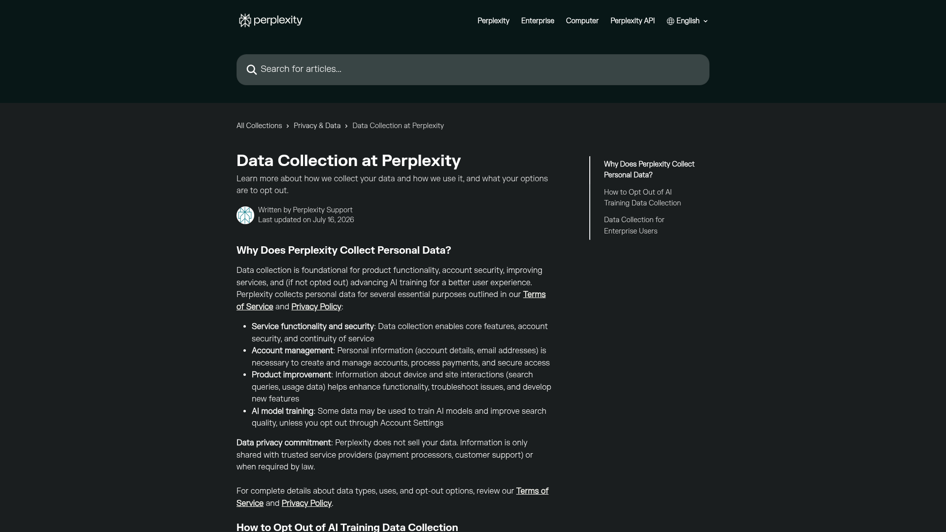 Perplexity AI Data Retention and opt-out documentation
