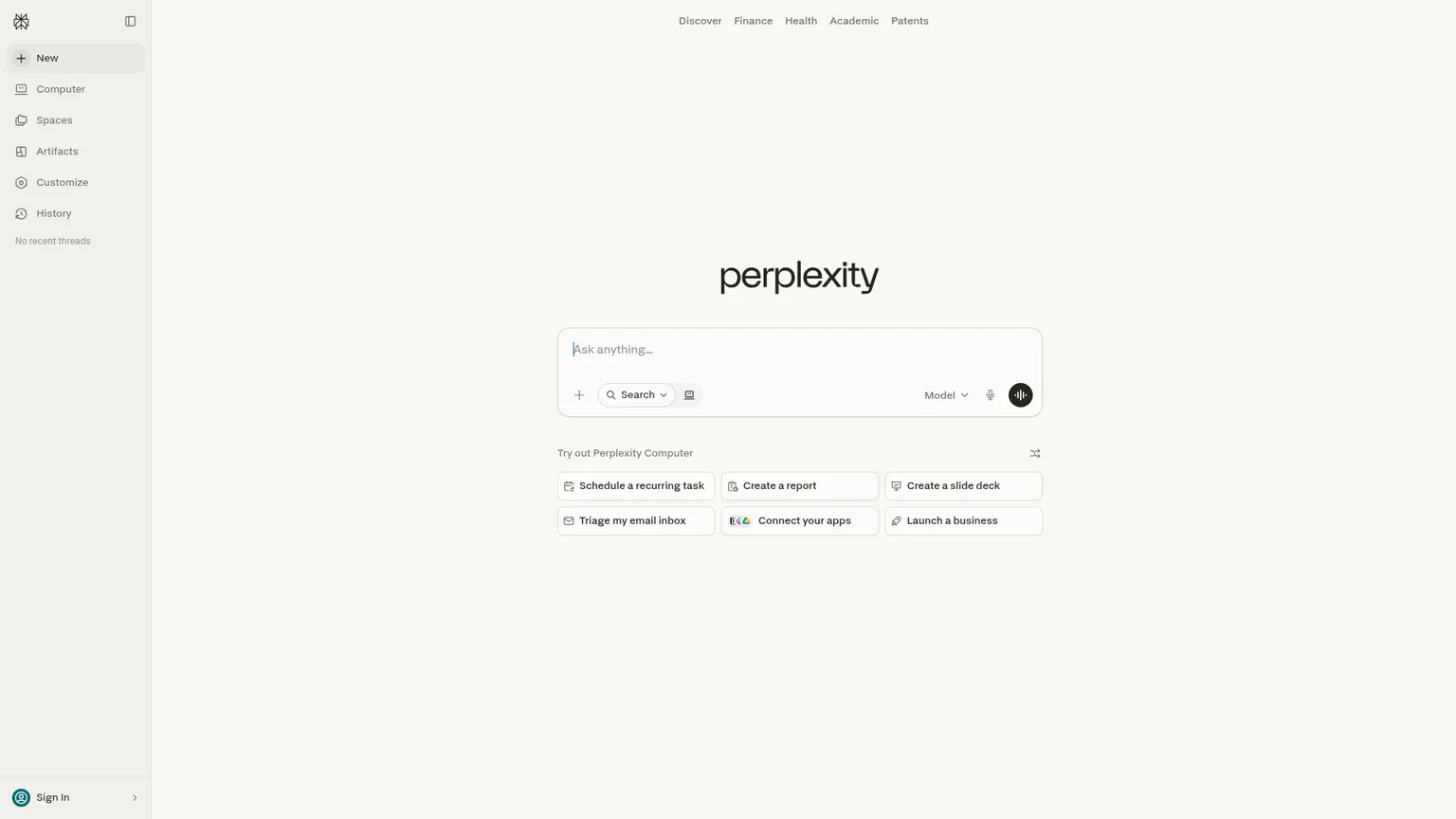 Perplexity homepage