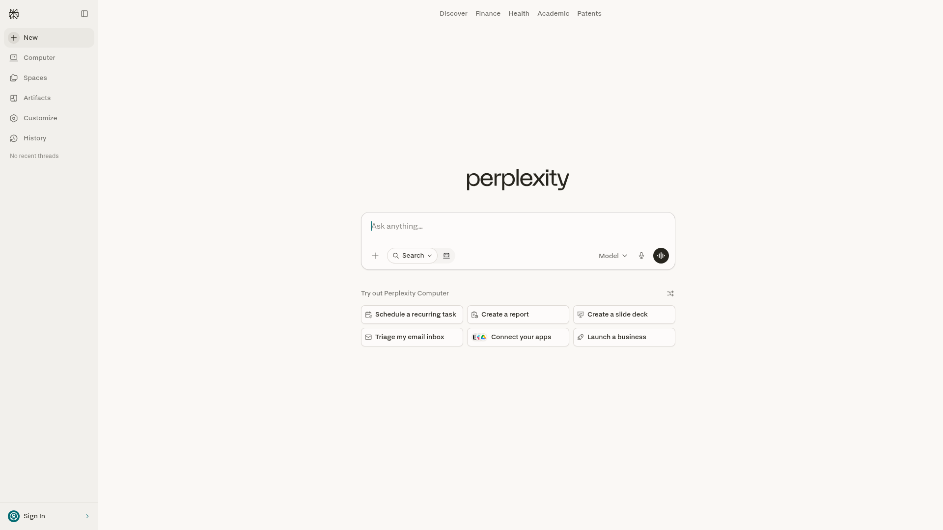 Perplexity homepage