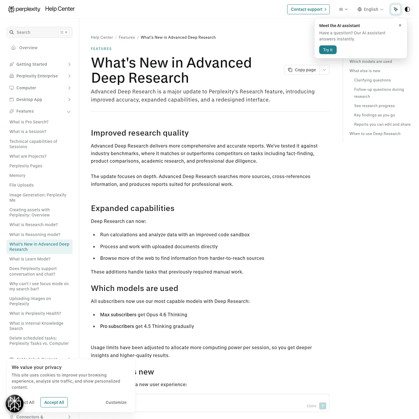 Perplexity's official Deep Research page describing document analysis, calculations and editable reports