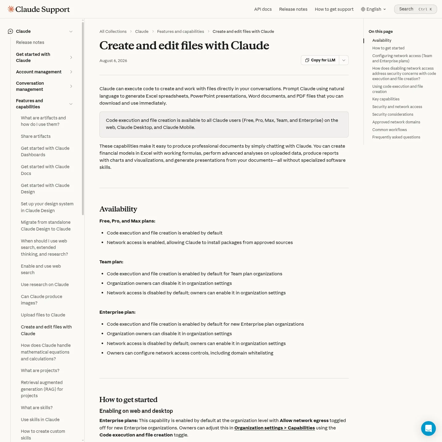 Claude's official file creation page showing supported documents, spreadsheets, presentations and analysis