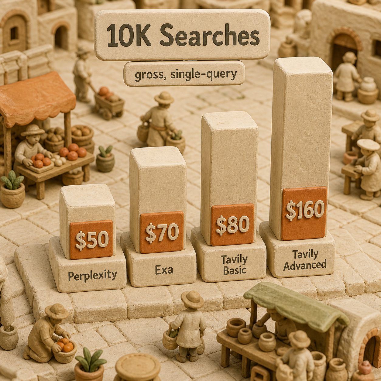 Clay bar chart comparing gross cost for ten thousand single-query searches: Perplexity fifty dollars, Exa seventy dollars, Tavily Basic eighty dollars, Tavily Advanced one hundred sixty dollars