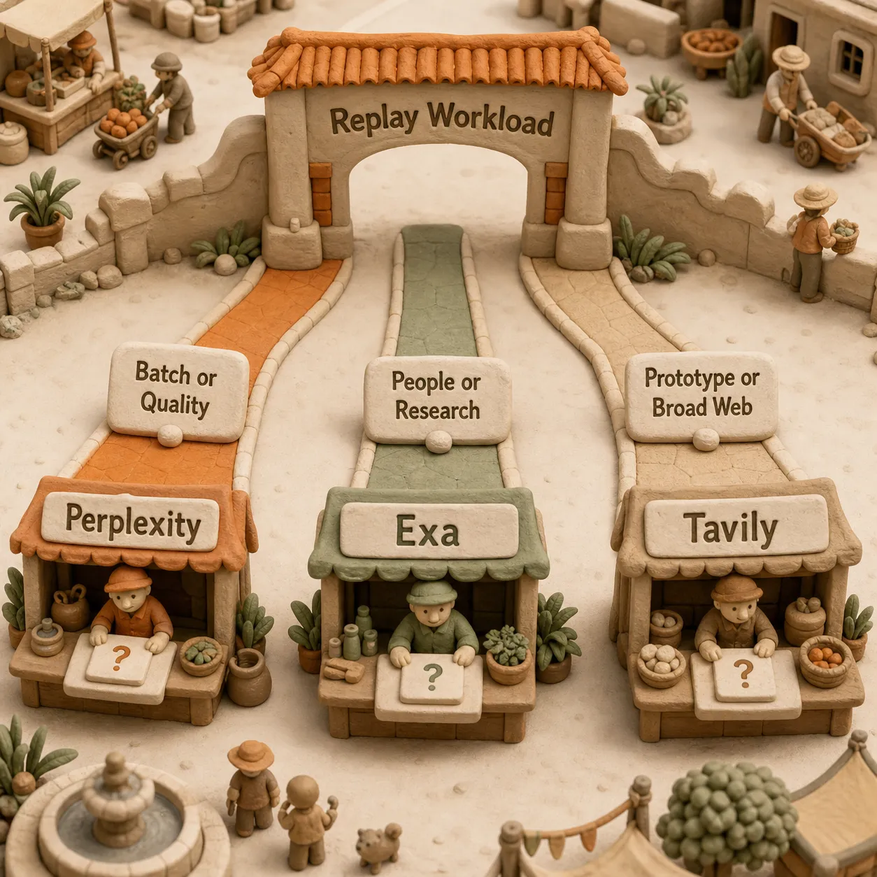 Schema decisionale in stile clay che instrada i carichi di lavoro testati con replay verso Perplexity per query in batch o qualità misurata, verso Exa per persone o ricerca approfondita, e verso Tavily per prototipi o flussi web estesi
