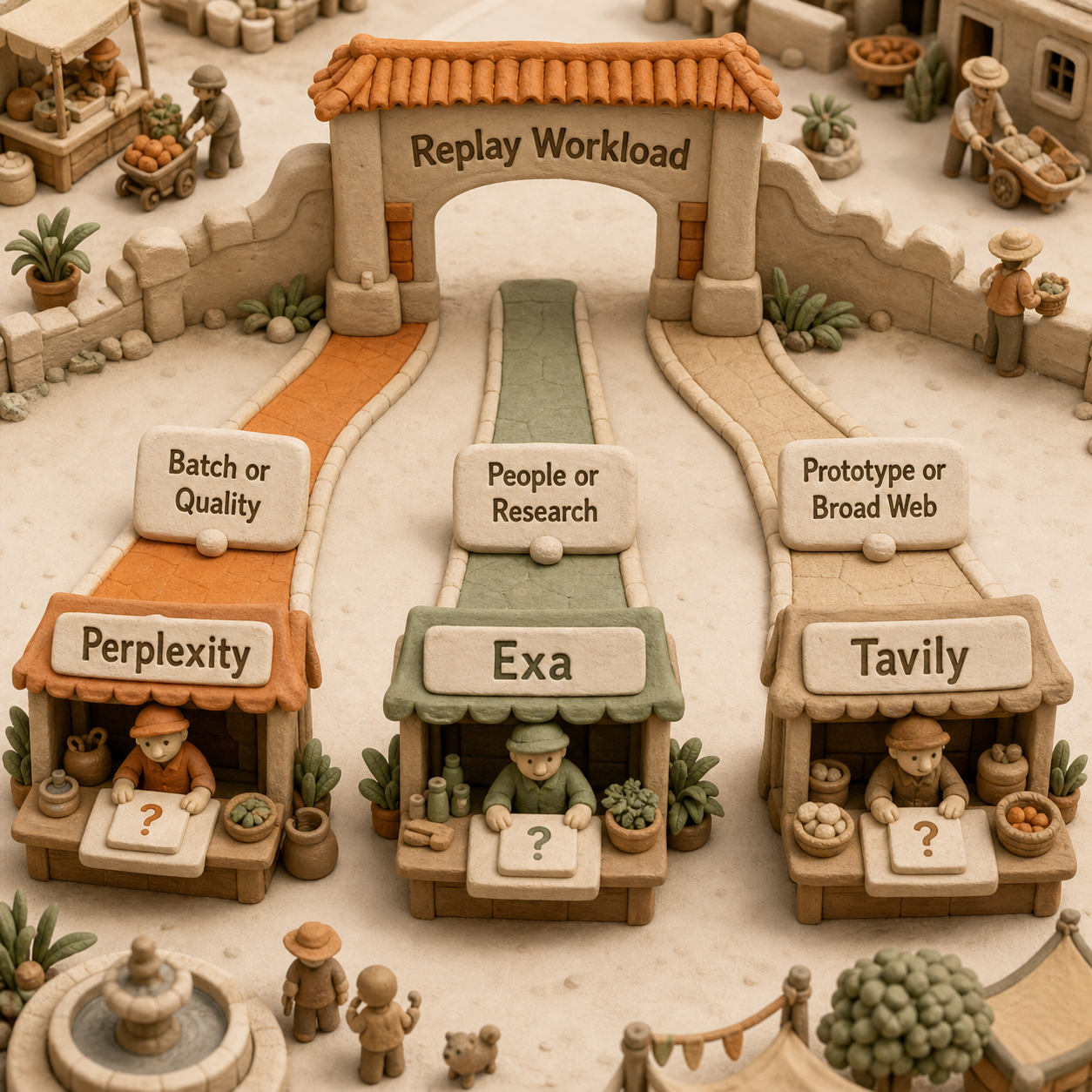 Clay decision path routing replayed search workloads to Perplexity for batch or measured quality, Exa for people or research, and Tavily for prototype or broad web workflows