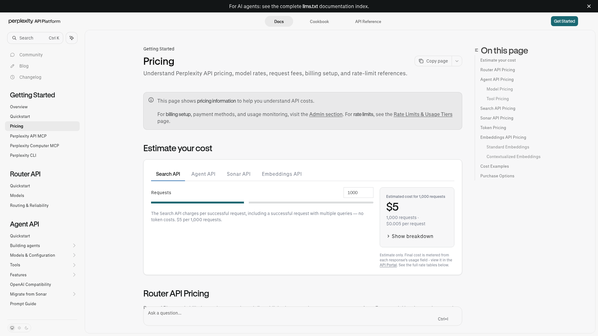 Perplexity API pricing page showing Search API pricing