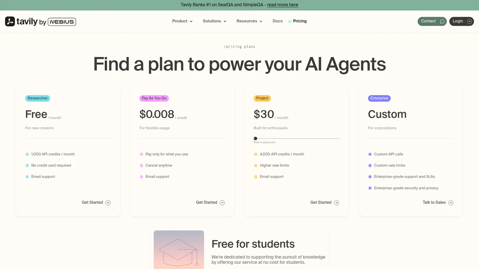 Pagina dei prezzi di Tavily che mostra i piani gratuito, pay-as-you-go, mensili ed enterprise