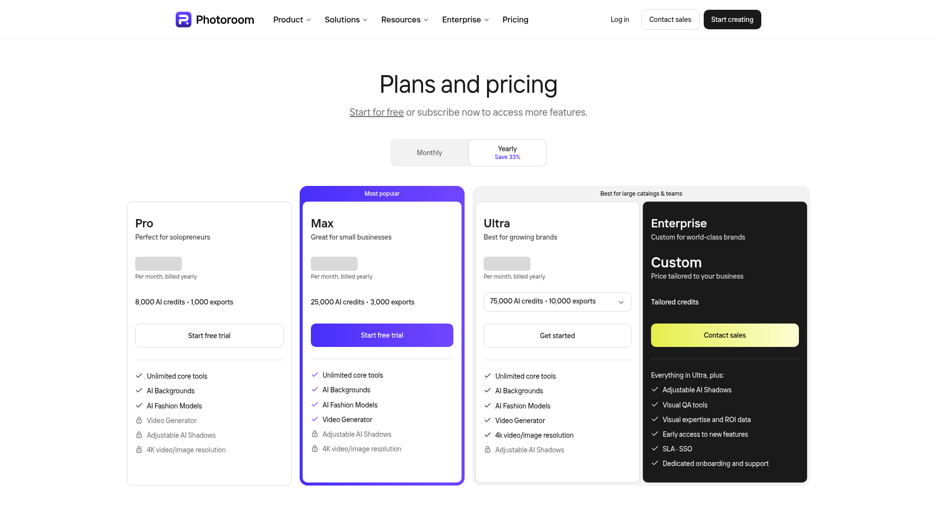 Photoroom Pro Max Ultra and Enterprise pricing