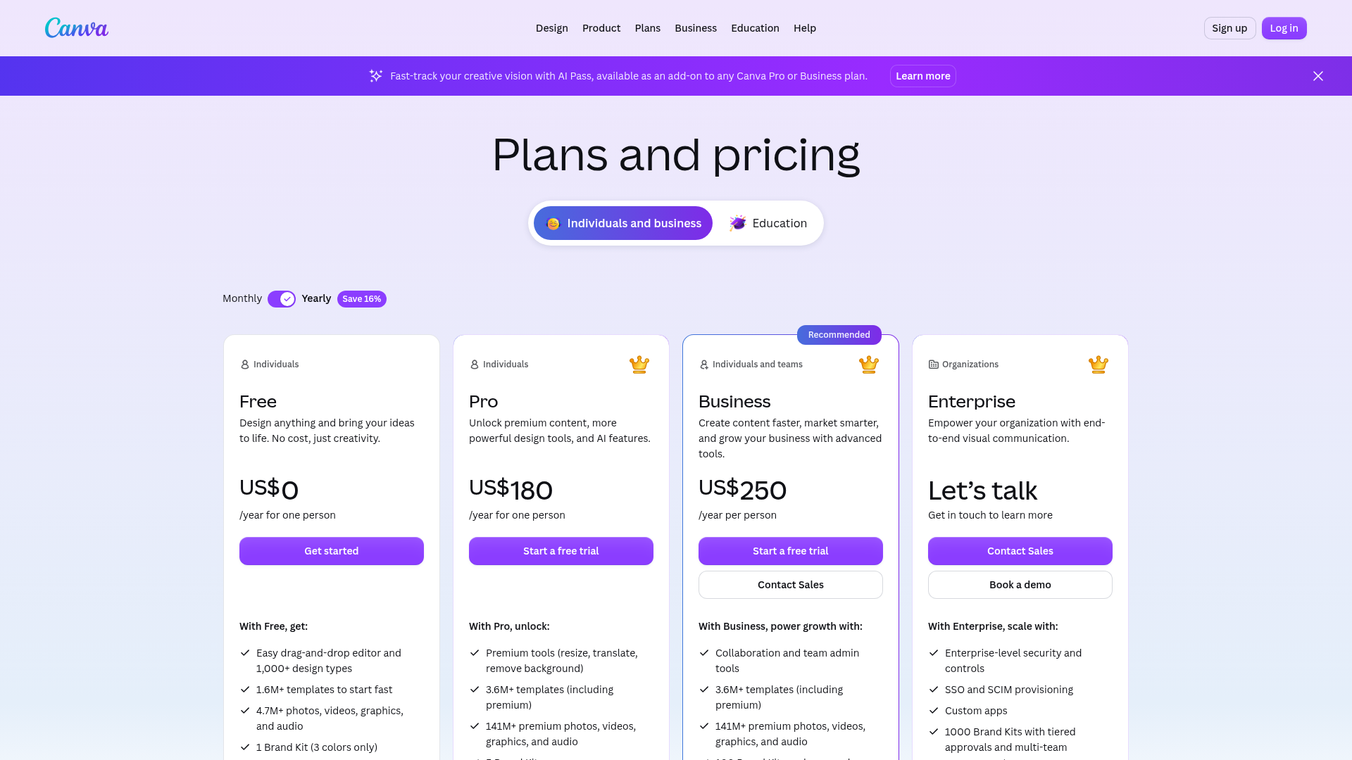 Canva Free Pro Business and Enterprise pricing