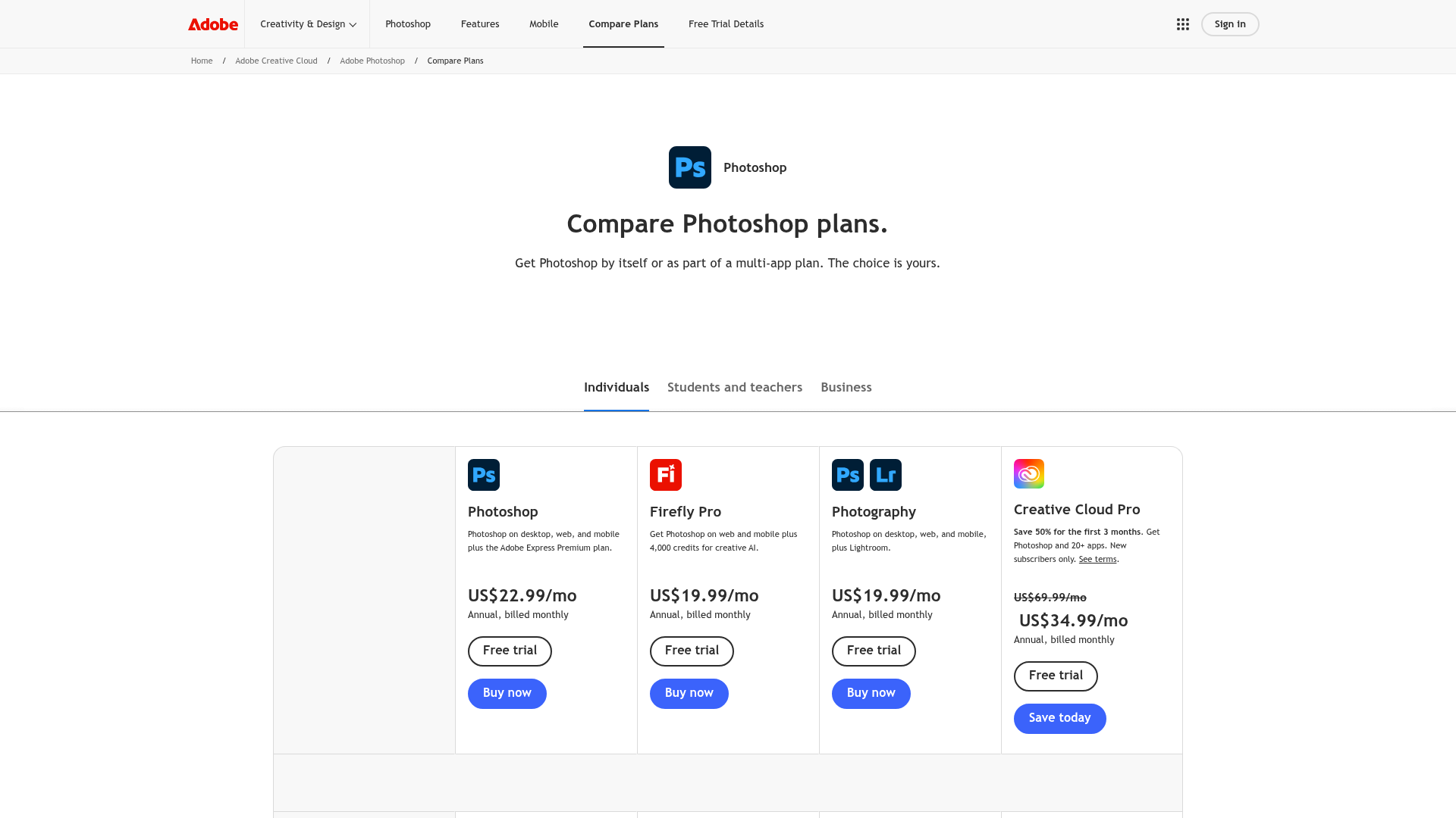 Adobe Photoshop individual plans
