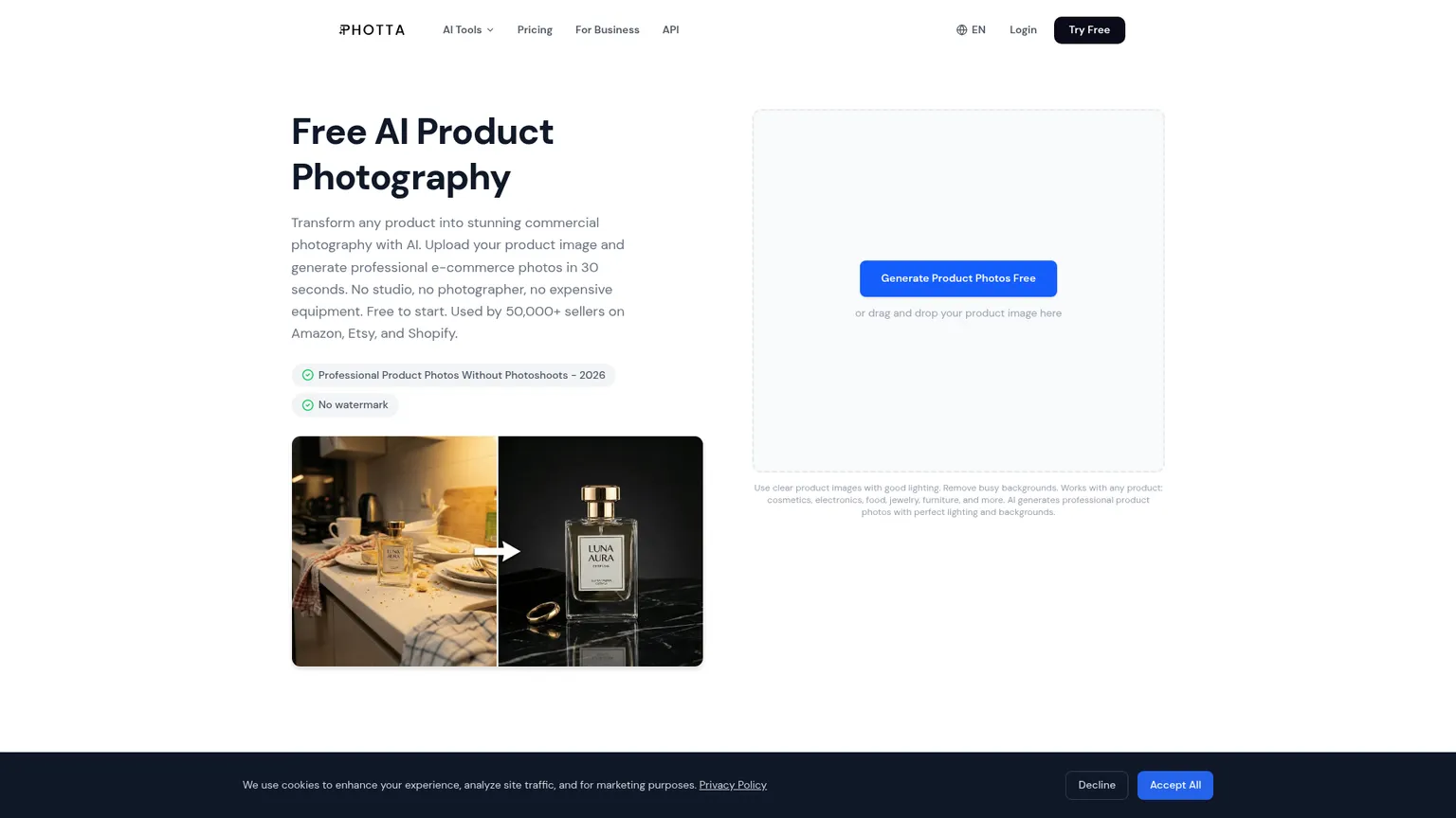 صفحة Photta Product Studio تعرض رفع المنتج واختيار المشهد وإخراج صورة المنتج