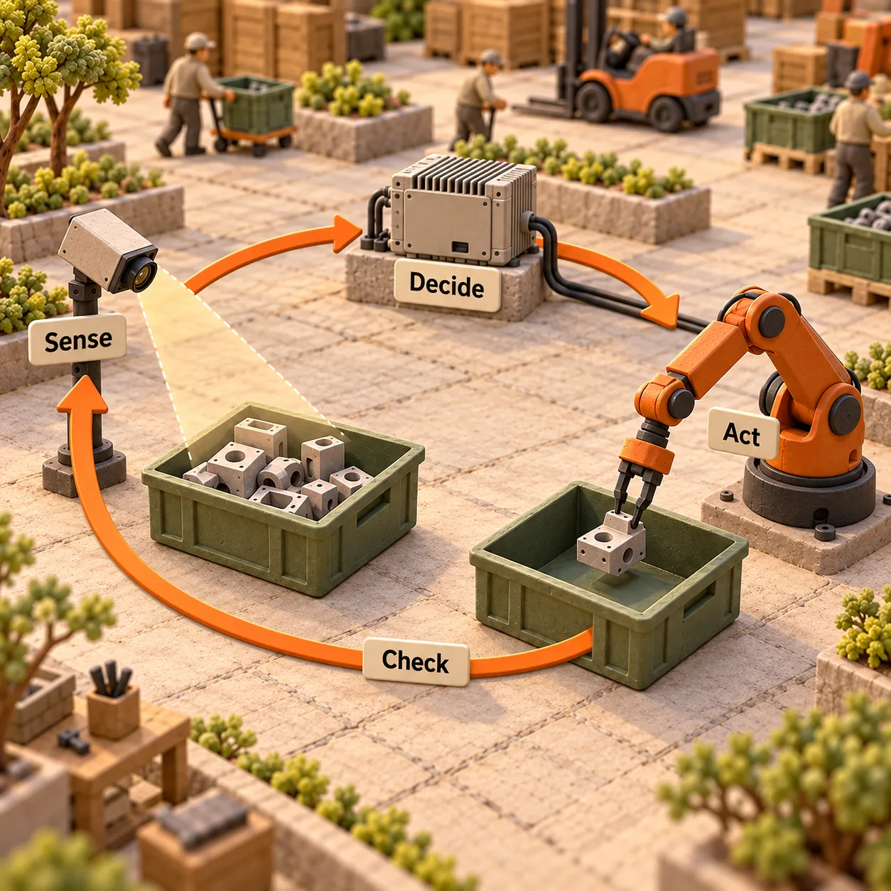 Clay robot system showing the Sense, Decide, Act and Check feedback loop