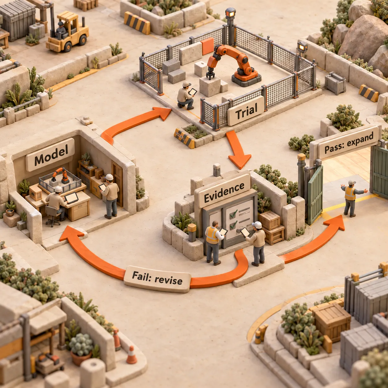 Clay project path from Model to Trial to Evidence, with expansion after passing and a return to the model after failure