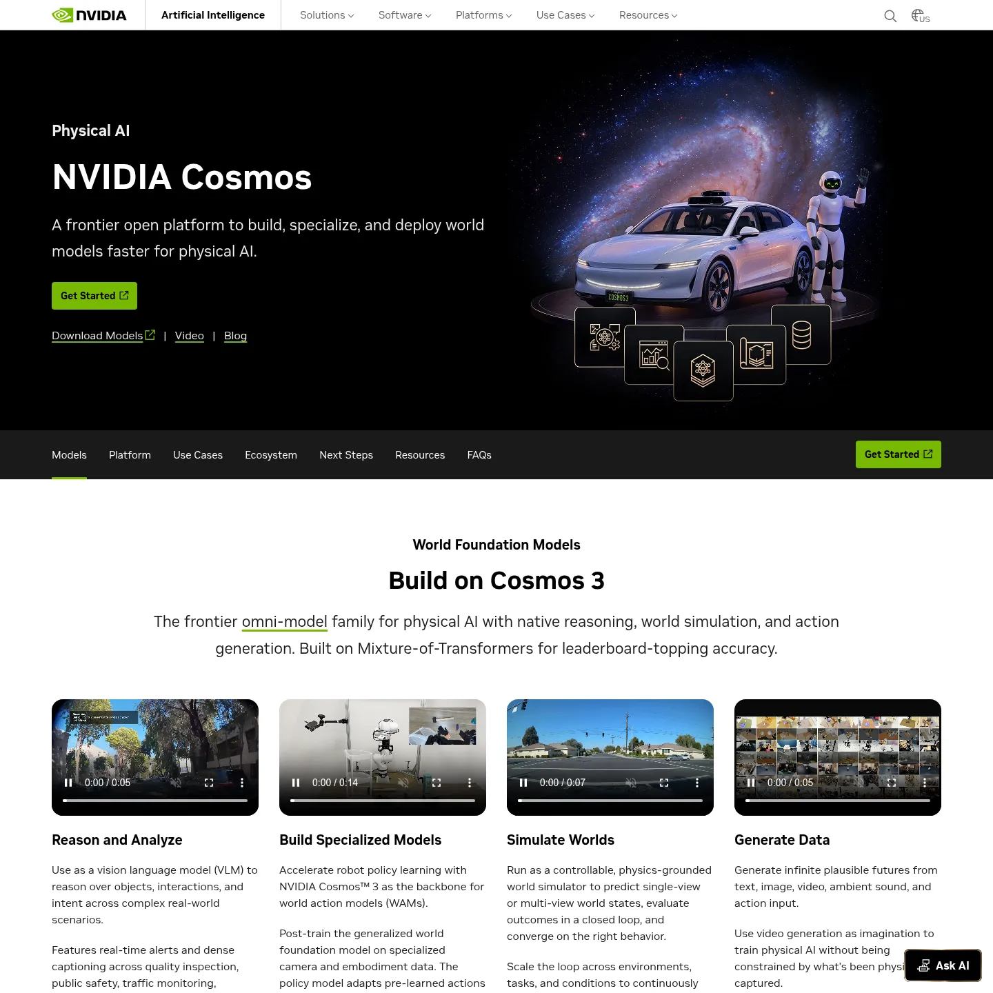 NVIDIA Cosmos product page with world-model development resources