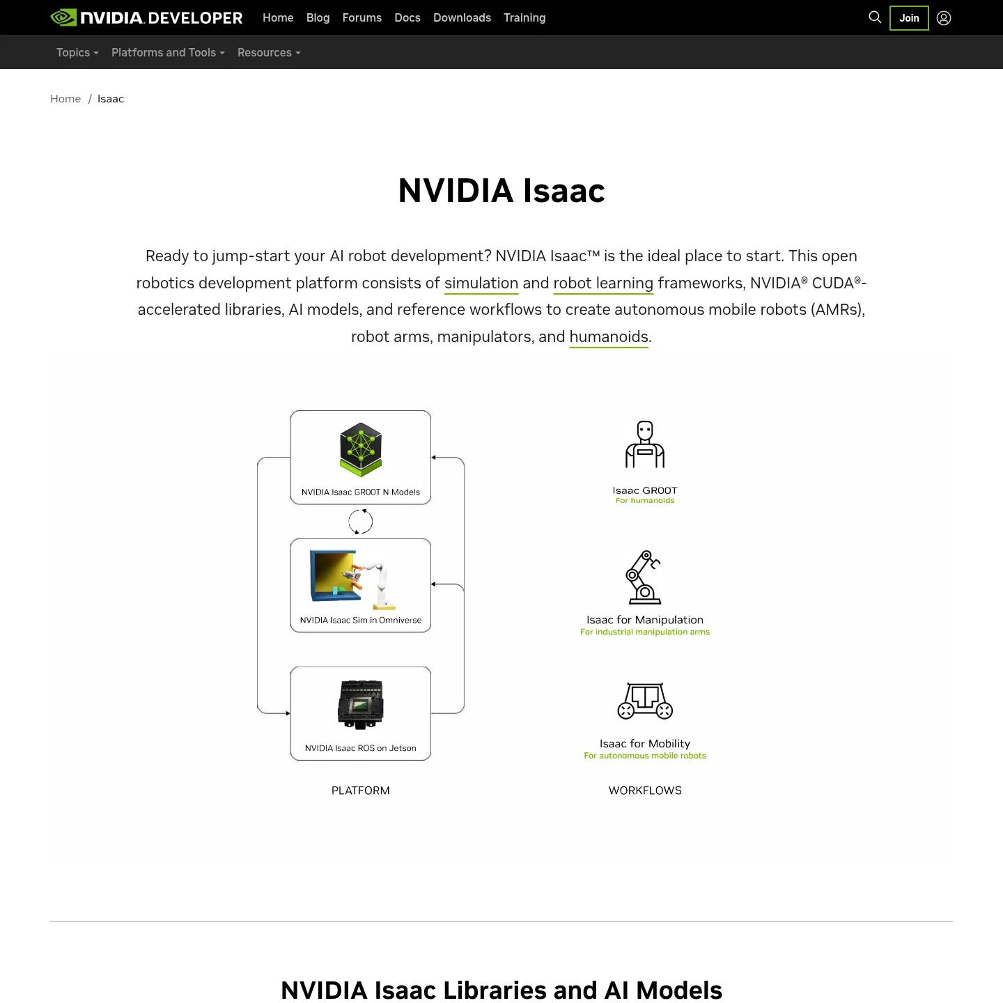 NVIDIA Isaac platform page showing simulation and robot-learning components
